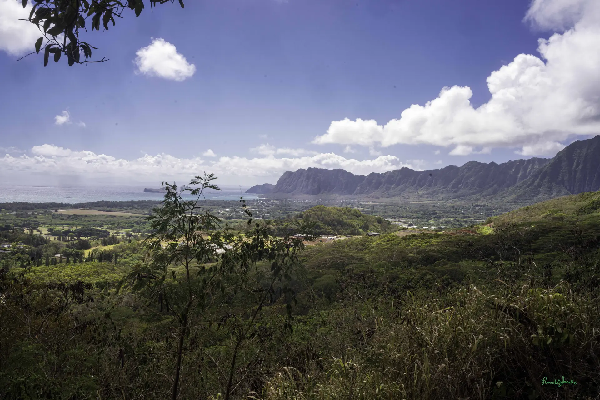 Expansive view of a green valley, mountains, and ocean under a bright, cloudy sky.