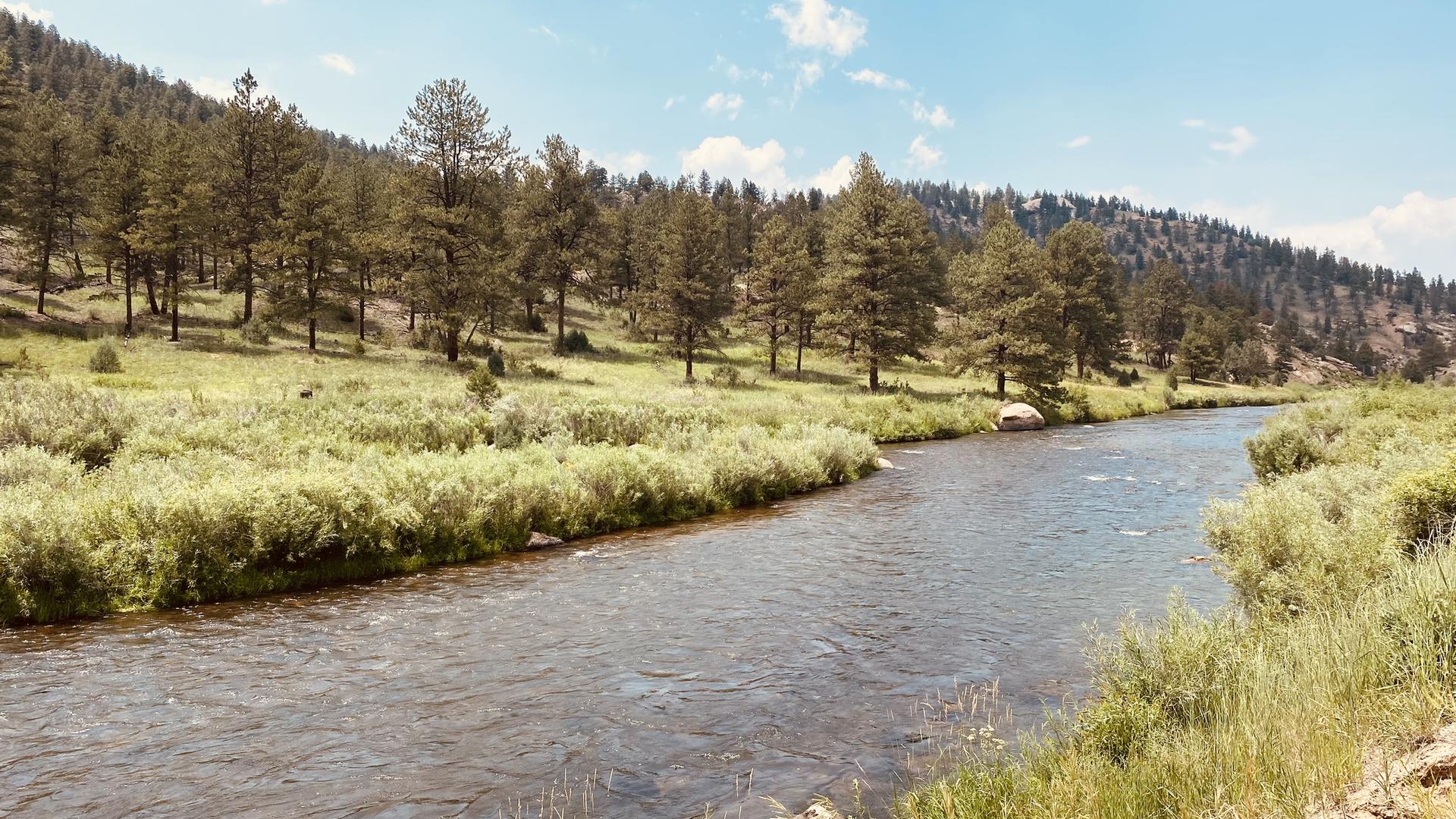 A clear river flows through a sunny, green valley with forested hills.