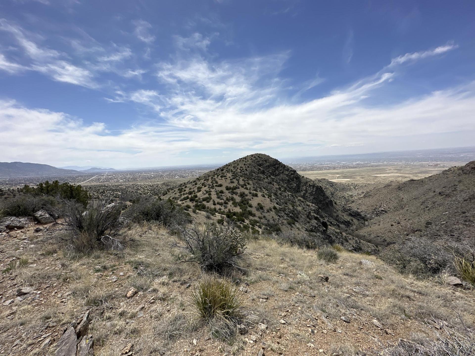 View from a hill overlooking a valley with a prominent peak under a blue sky.