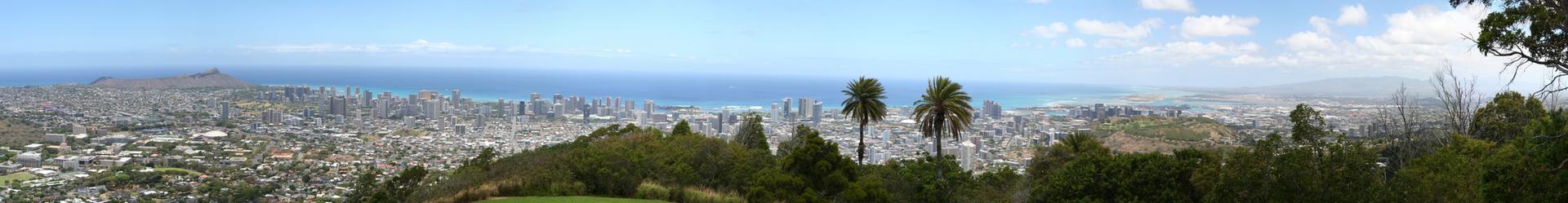 Panoramic view of a coastal city with palm trees and distant ocean.