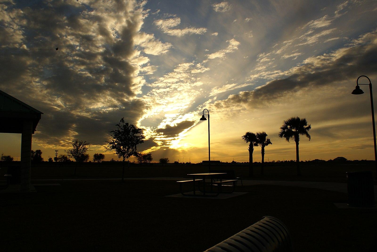 Dramatic sunset over a park with silhouetted palm trees and streetlights.