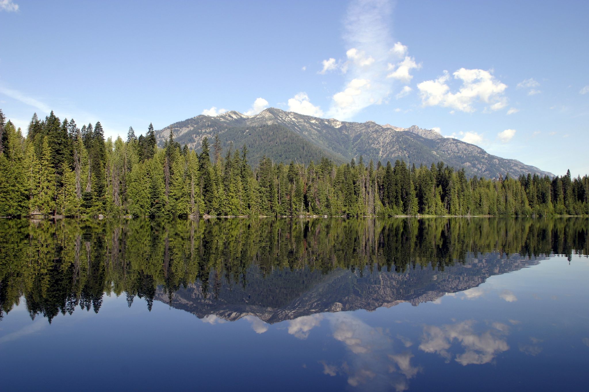 Calm lake reflecting green forest and snow-capped mountains under a blue sky. - Domke Lake National Recreation Trail