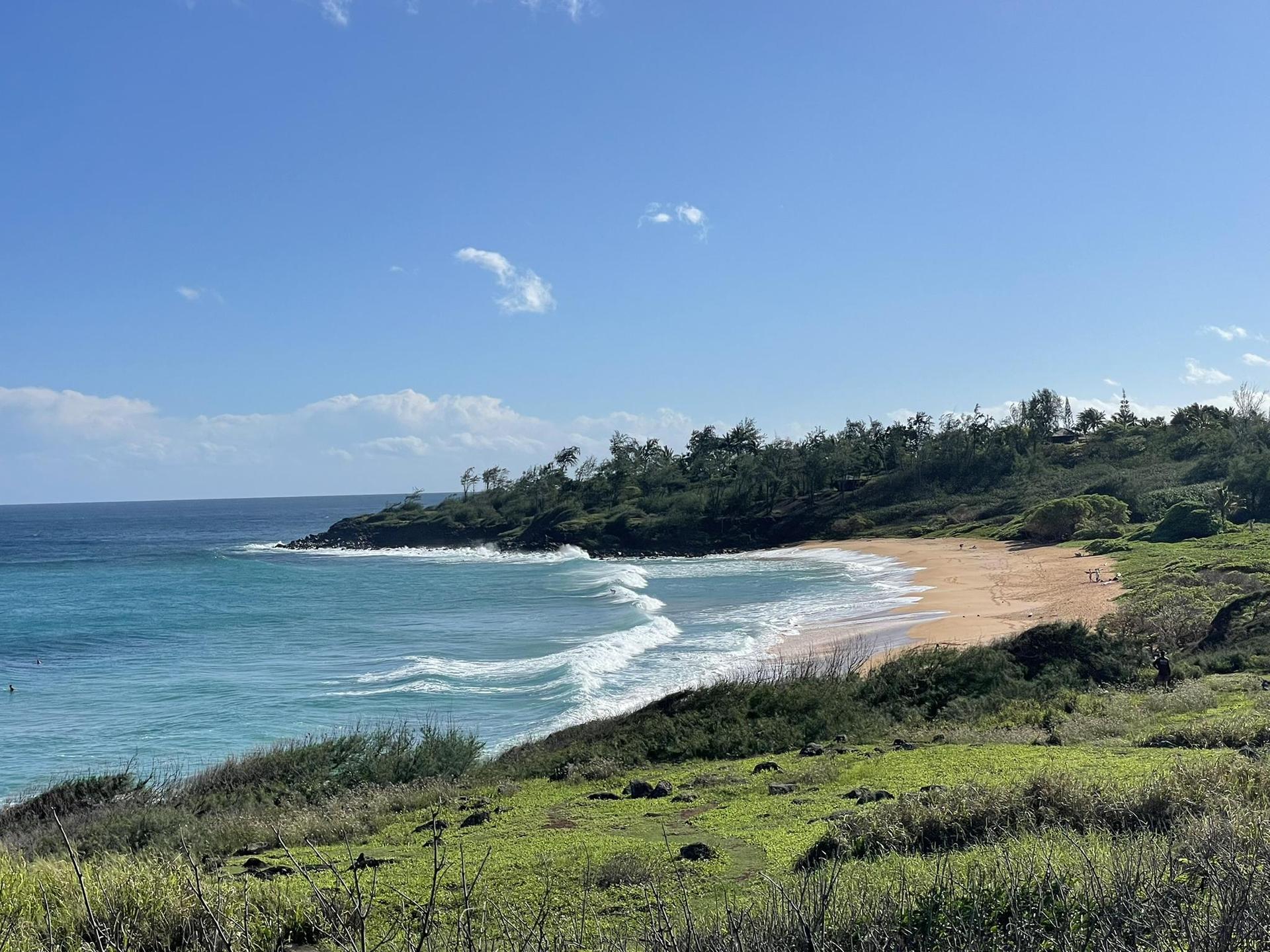 Sunny beach with turquoise waves, sandy shore, and green hills.