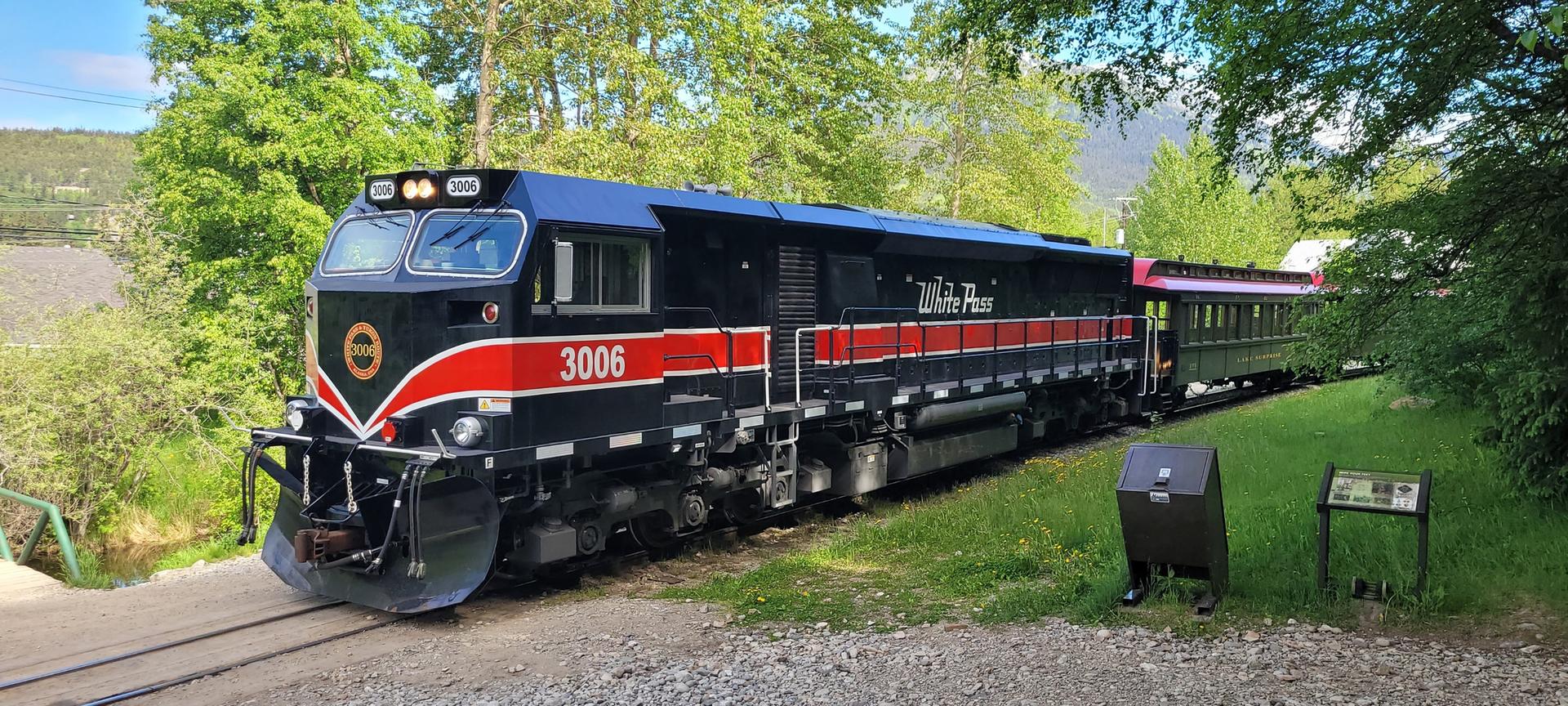 A black and red train on tracks, surrounded by green trees under bright sunlight.