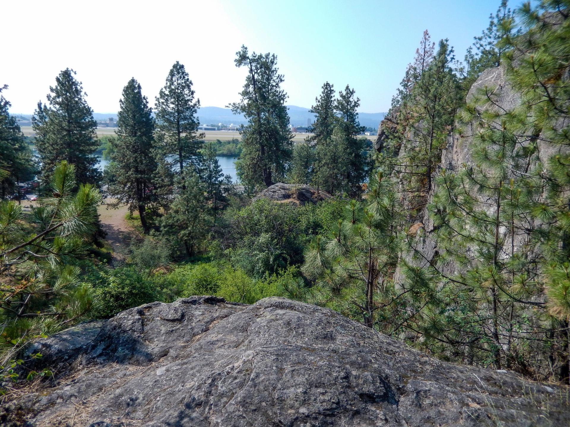 Rocky foreground overlooks a forested landscape with distant water under bright sun.