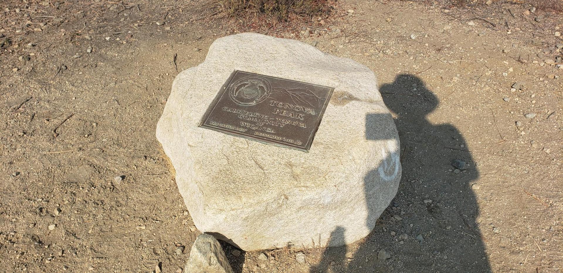 Bronze plaque on a light-colored rock on a dirt ground, with shadows.