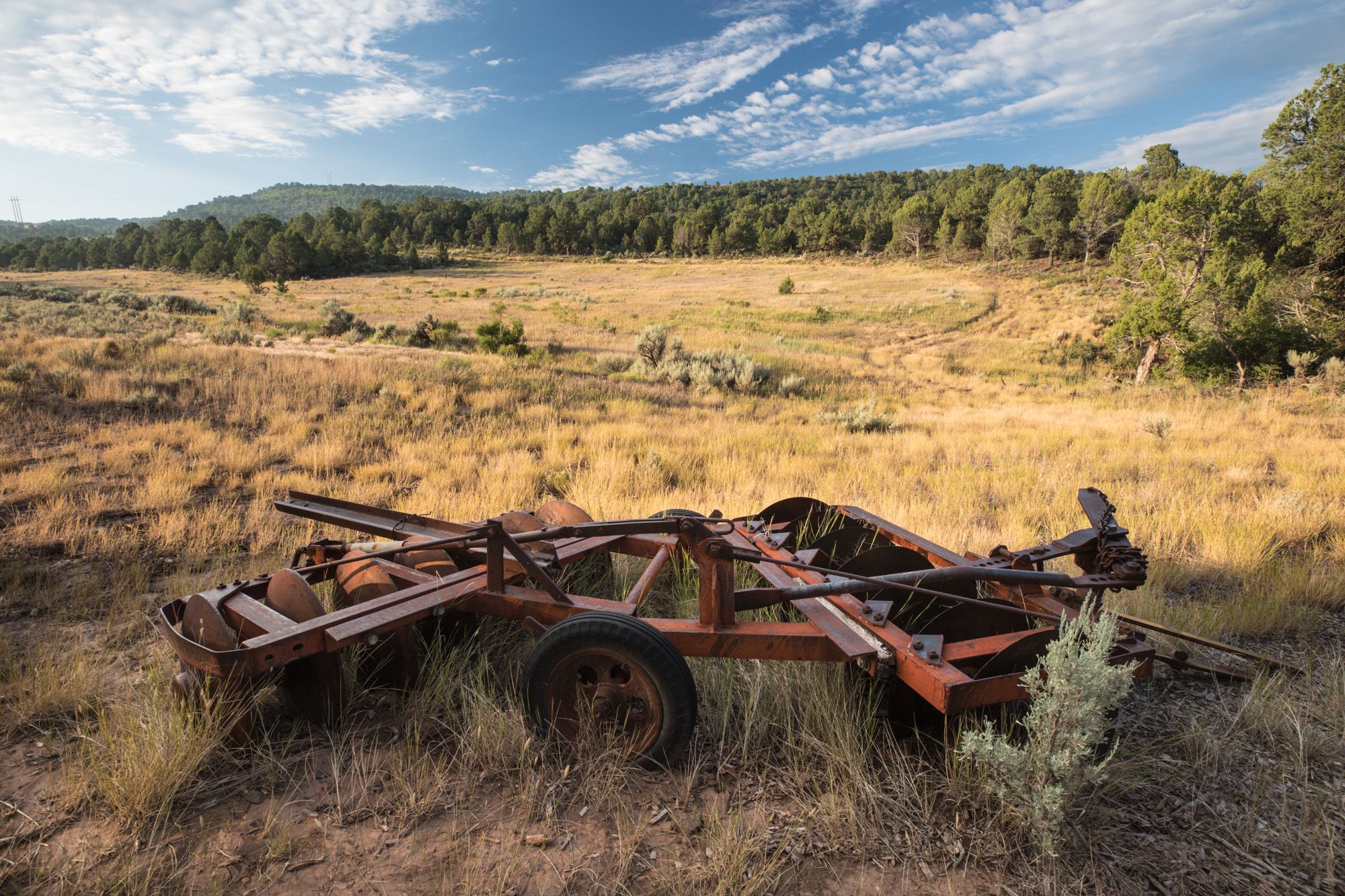 Rusty farm equipment in a dry, golden field with distant green forest under blue sky. - Northside Access Trail