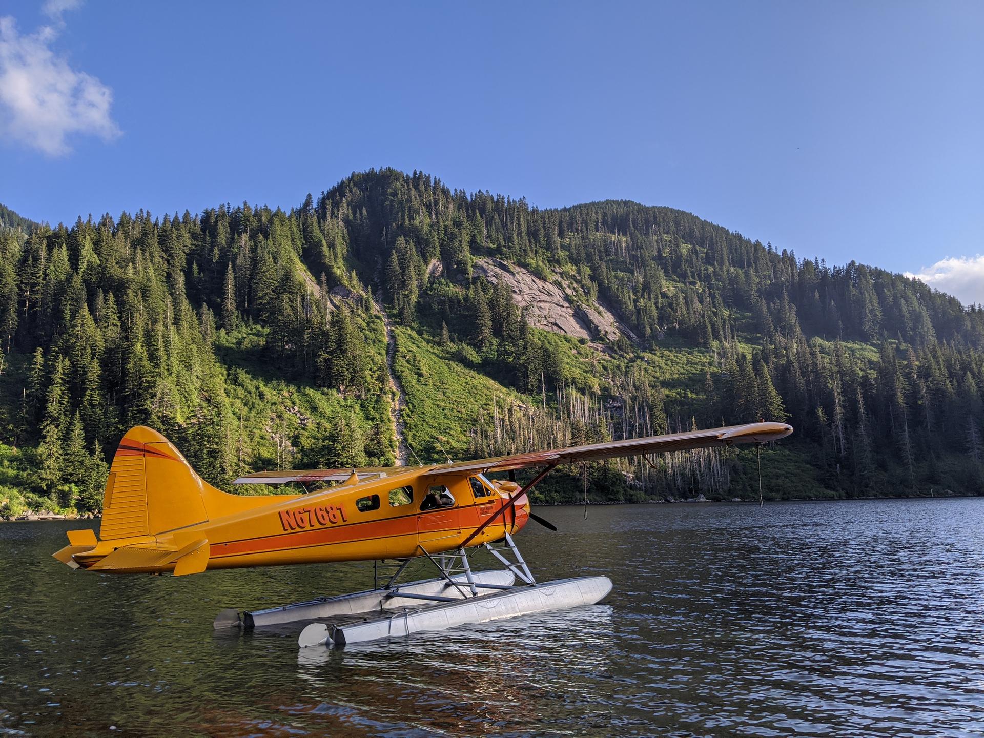 Yellow seaplane floats on calm water with forested mountains under a sunny sky.