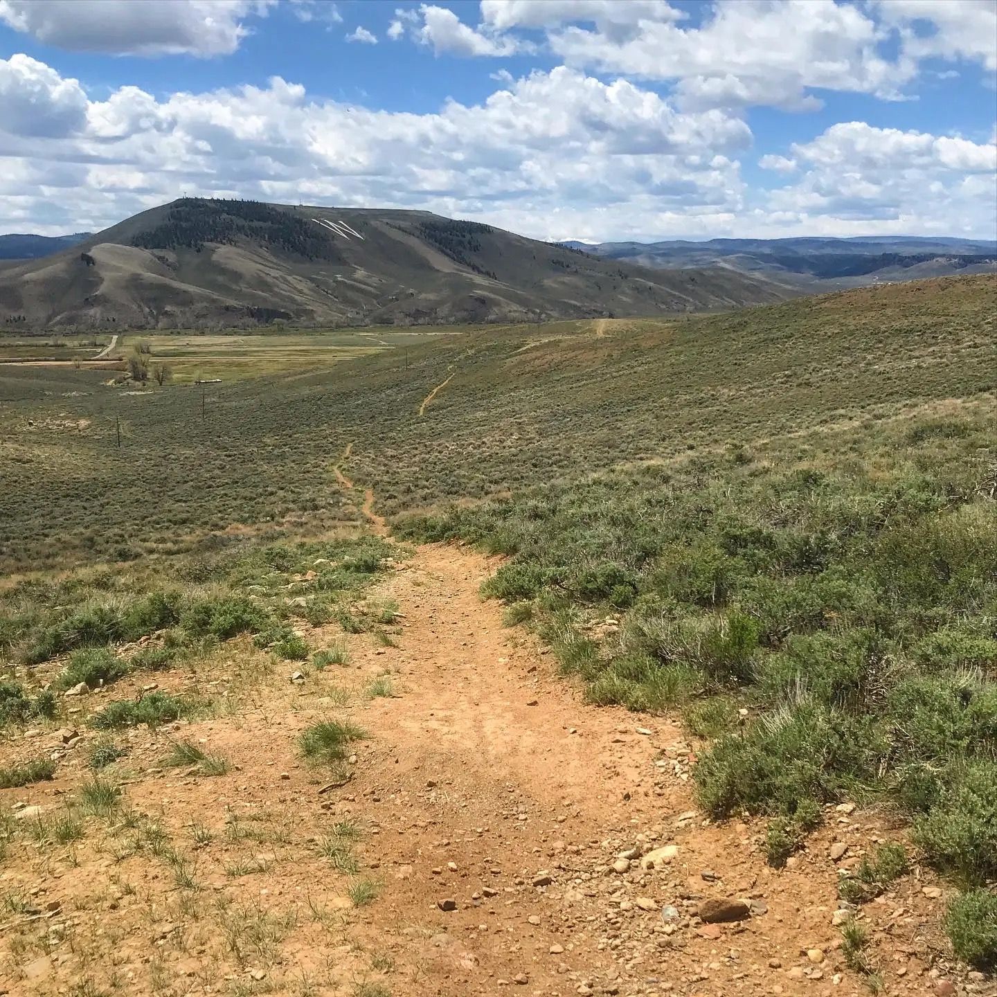 A winding dirt trail through green and brown hills under a partly cloudy sky. - Signal Peak Loop