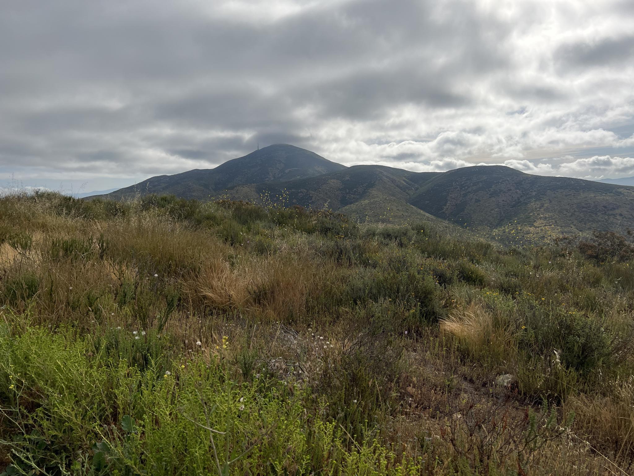 A large mountain rises above rolling, brush-covered hills under a cloudy sky.