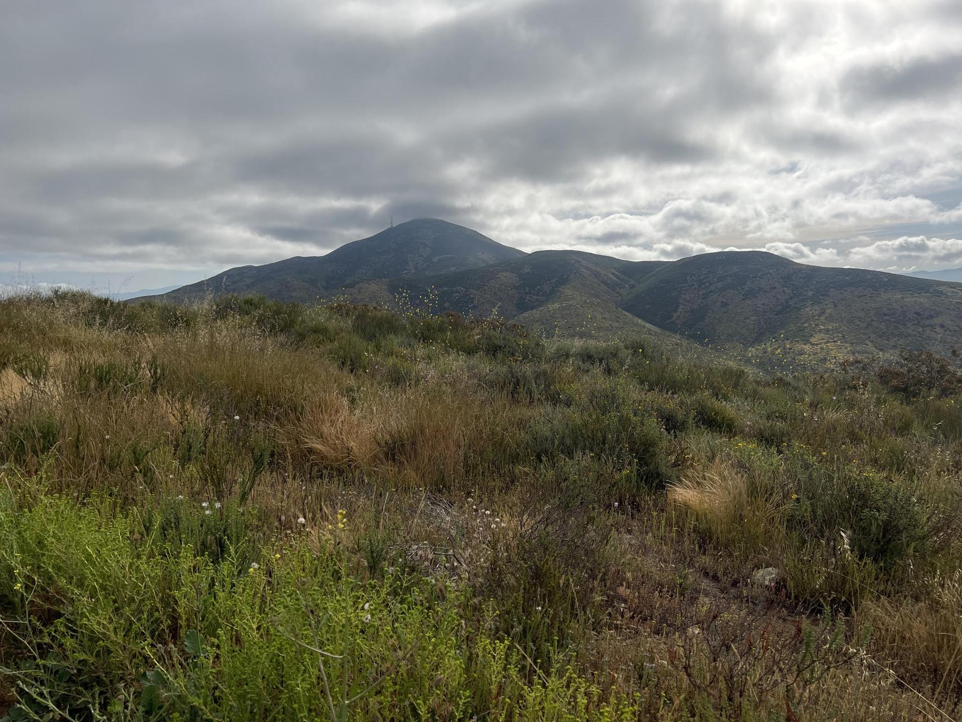 A large mountain rises above rolling, brush-covered hills under a cloudy sky.