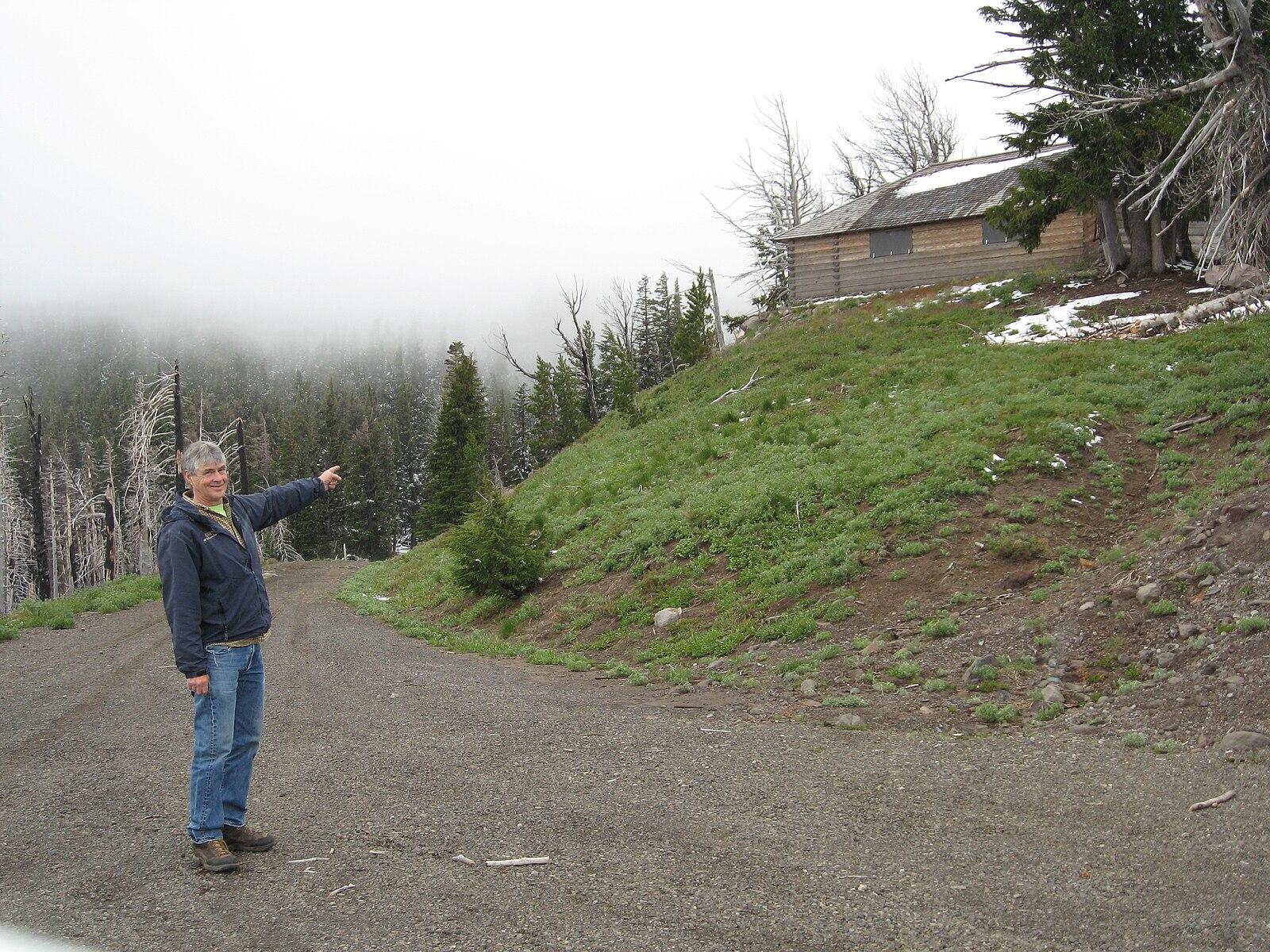 Person pointing on a gravel road towards a cabin on a foggy, forested hill.