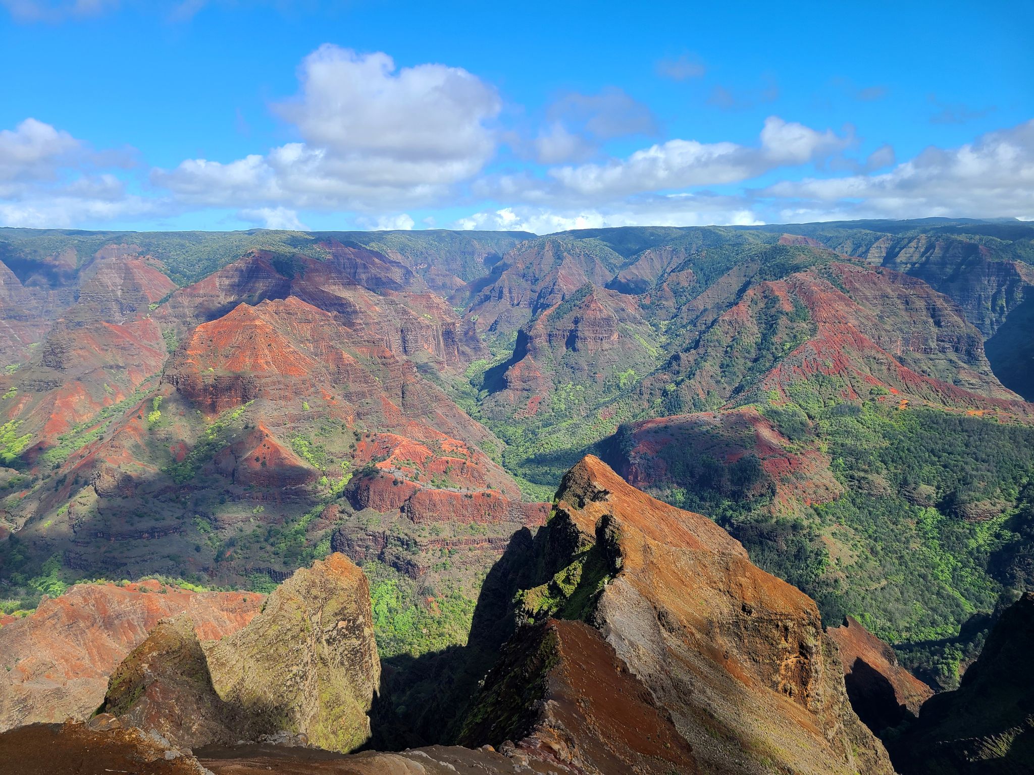 Expansive view of rugged, colorful canyon peaks under a bright blue sky. - Waimea Canyon Lookout from Pu'u Ka Pele
