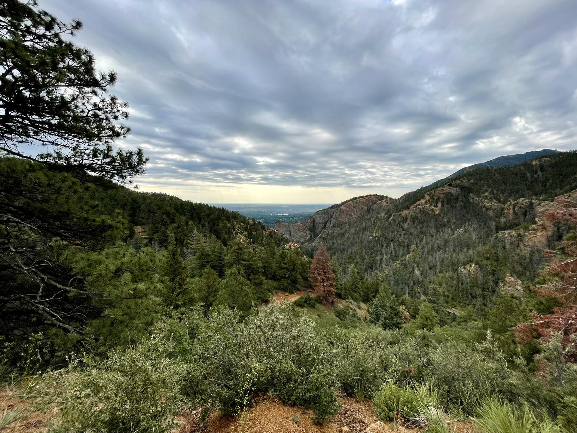 Expansive mountainous landscape with green forests under a dramatic cloudy sky.