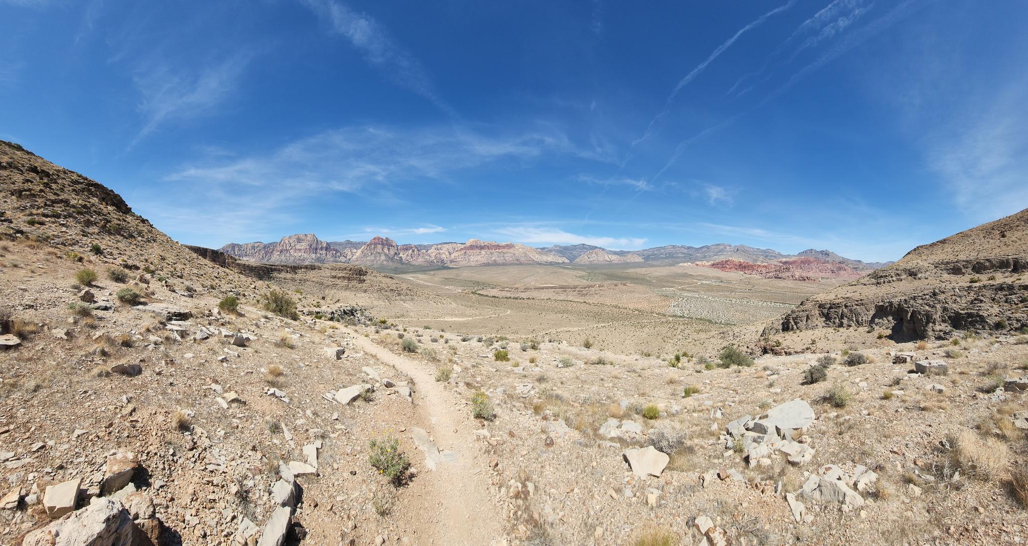 A winding desert trail through an arid valley with distant mountains.
