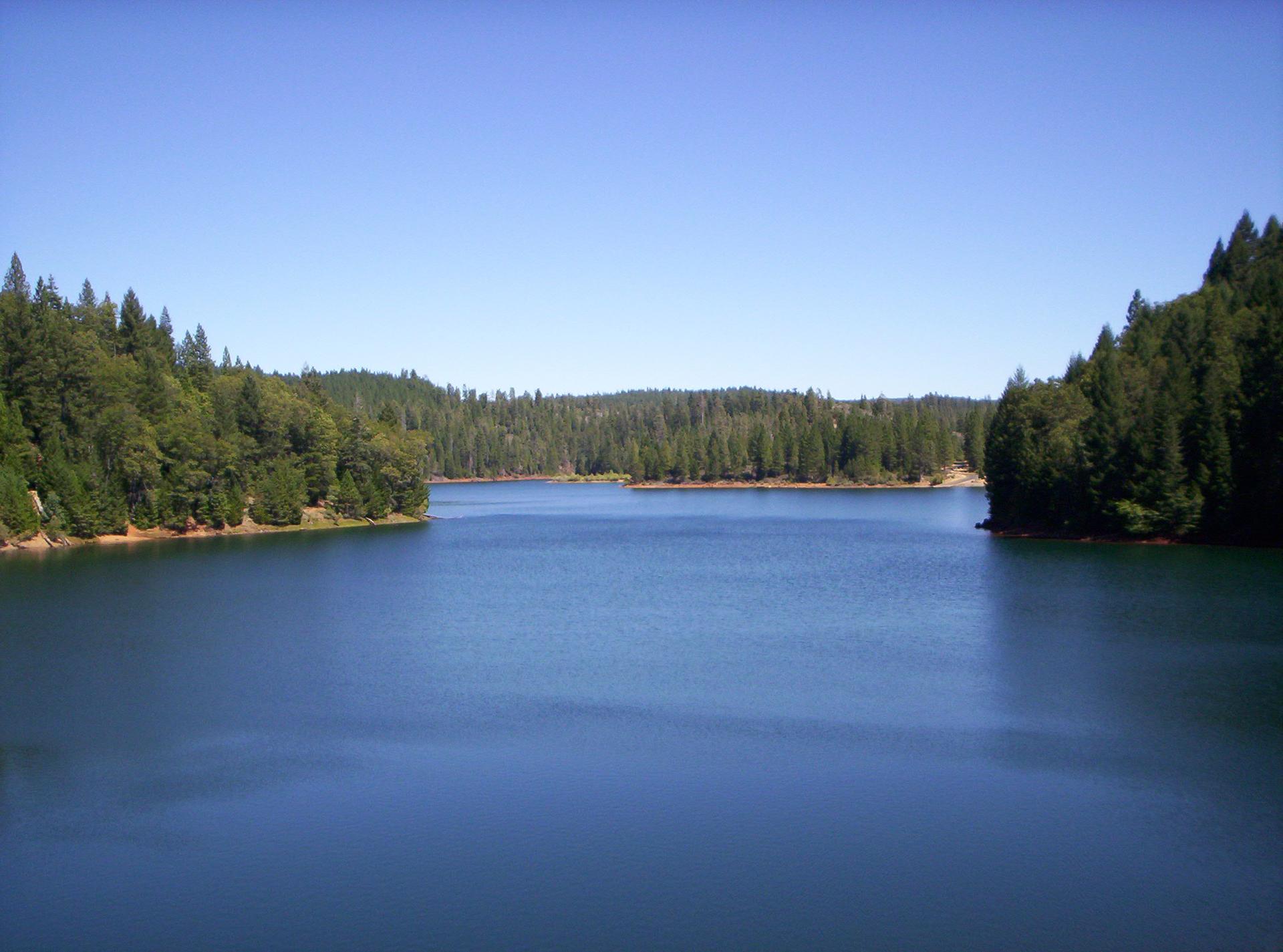 A wide blue lake surrounded by dense green forests under a clear sky.