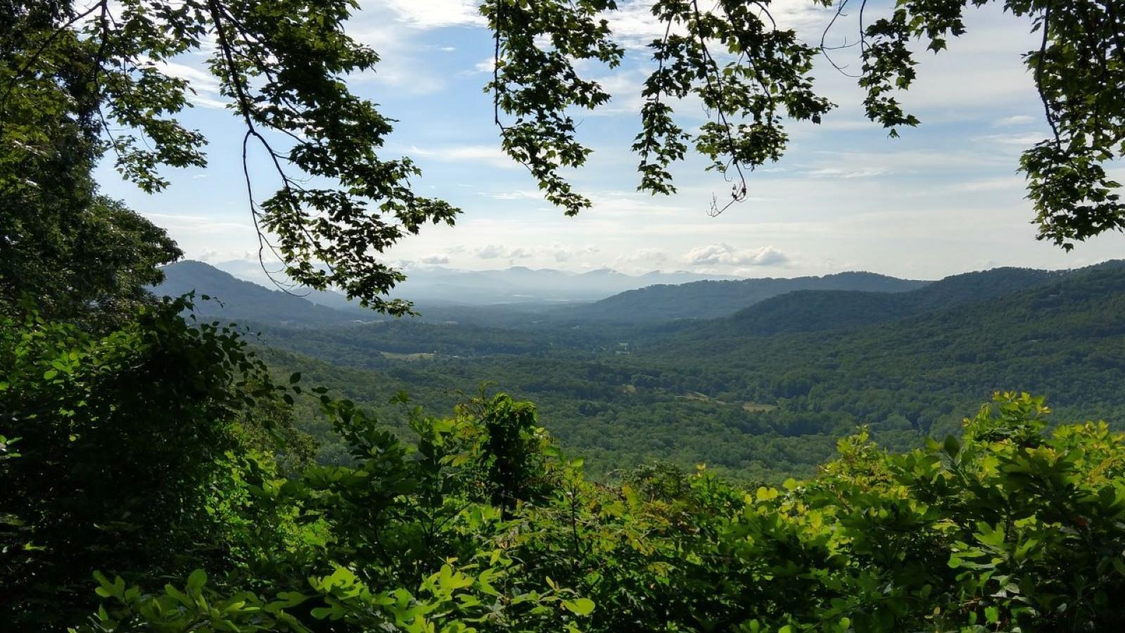 Panoramic view of lush green forested mountains and valleys under a bright, cloudy sky.