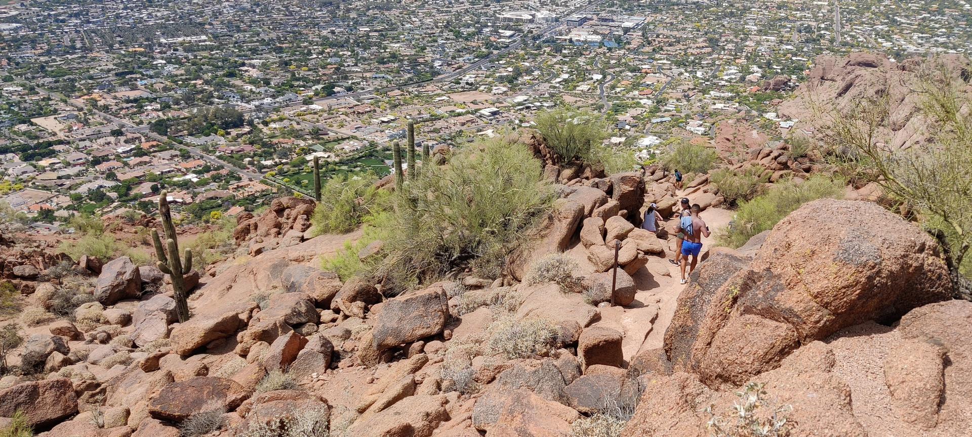 Hikers on a rocky desert trail with saguaro cacti, city below.