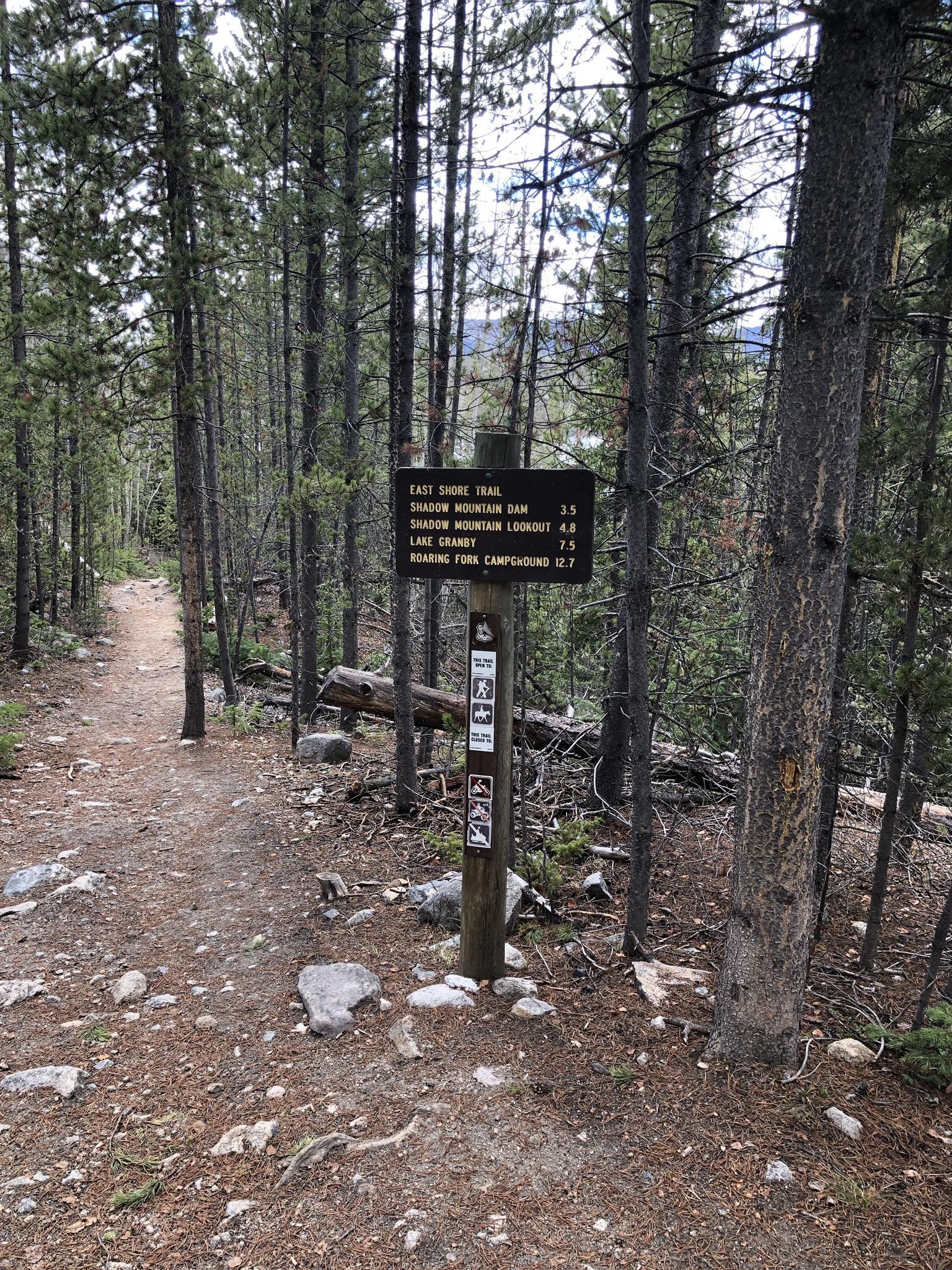 A wooden trail sign stands on a dirt path in a dense forest.