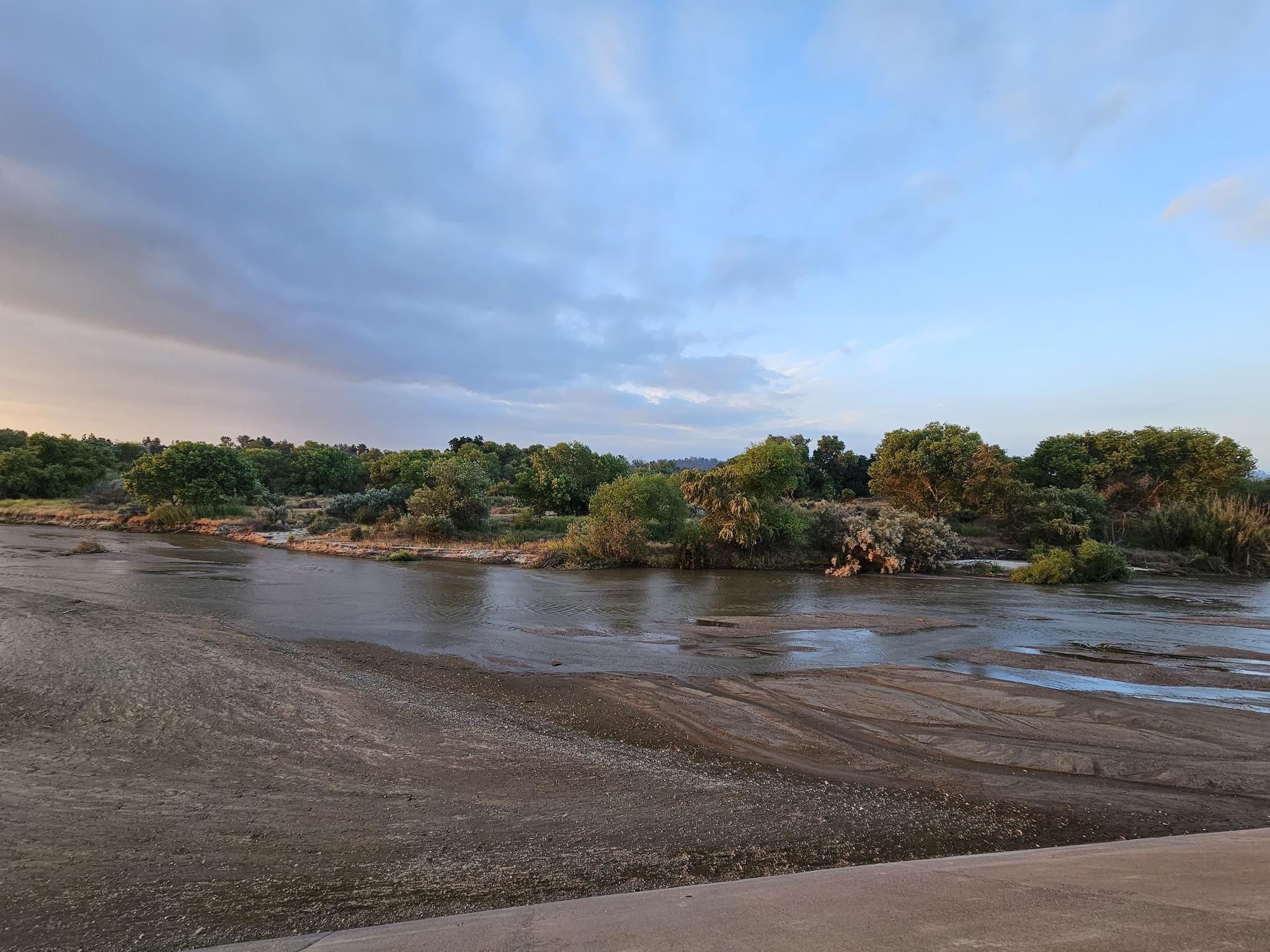 A wide river with muddy banks and lush green trees under a cloudy sky.
