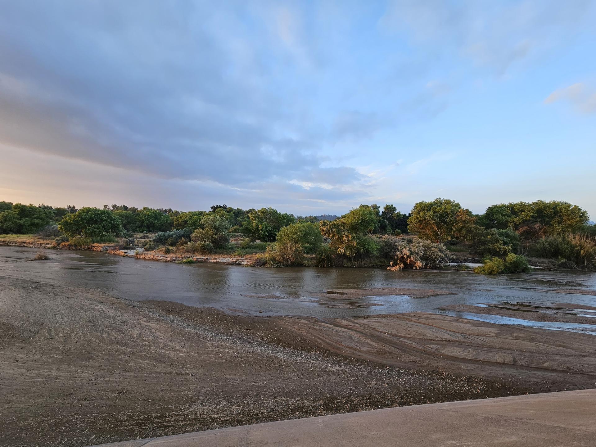 A wide river with muddy banks and lush green trees under a cloudy sky.