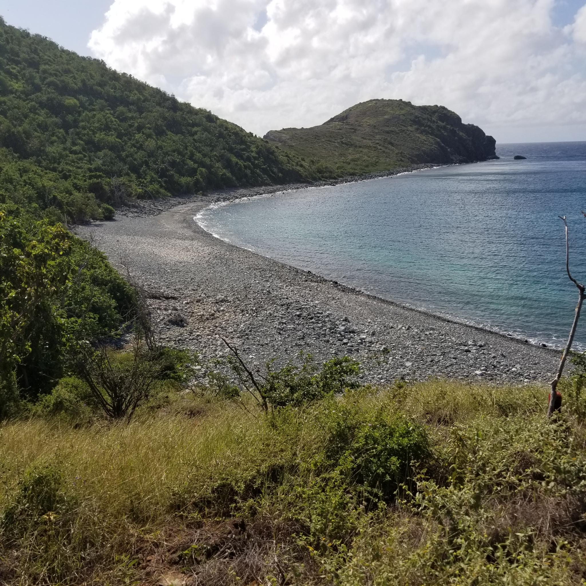 Overlook of a long, rocky beach curving into a calm blue bay.