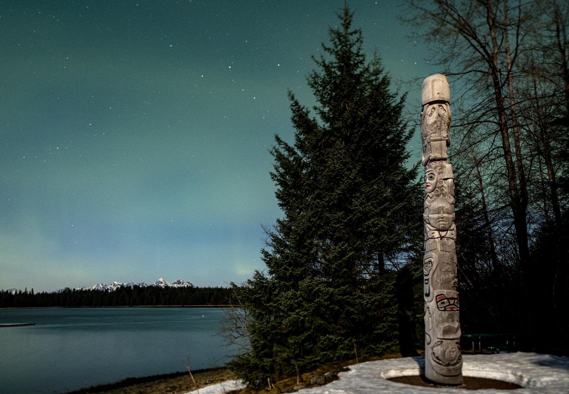 A carved totem pole and evergreen tree by a lake under a starry, green night sky.