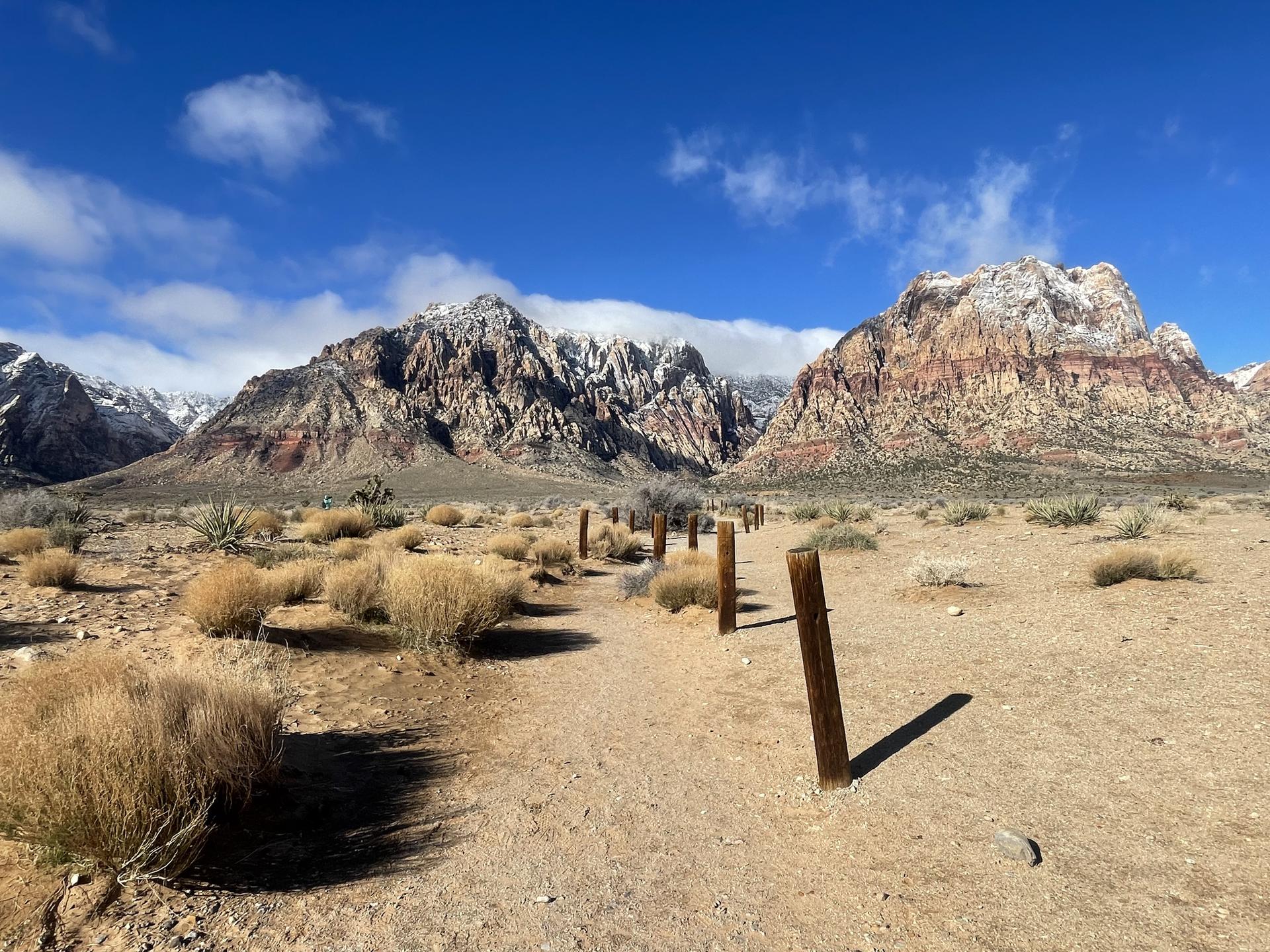 Desert trail with wooden posts, snow-capped mountains in the distance.