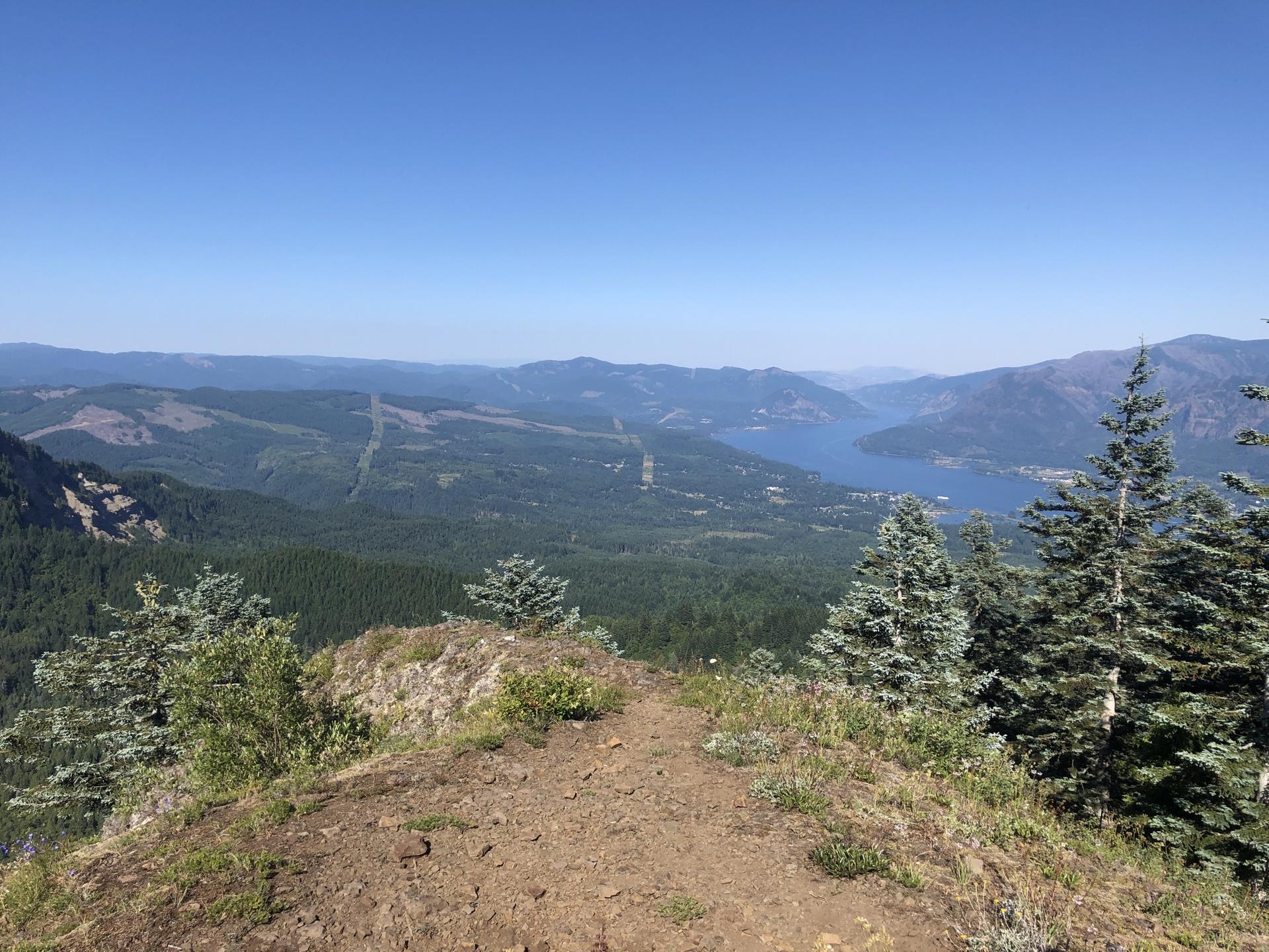 Panoramic view of a vast forested mountain landscape with a distant lake.