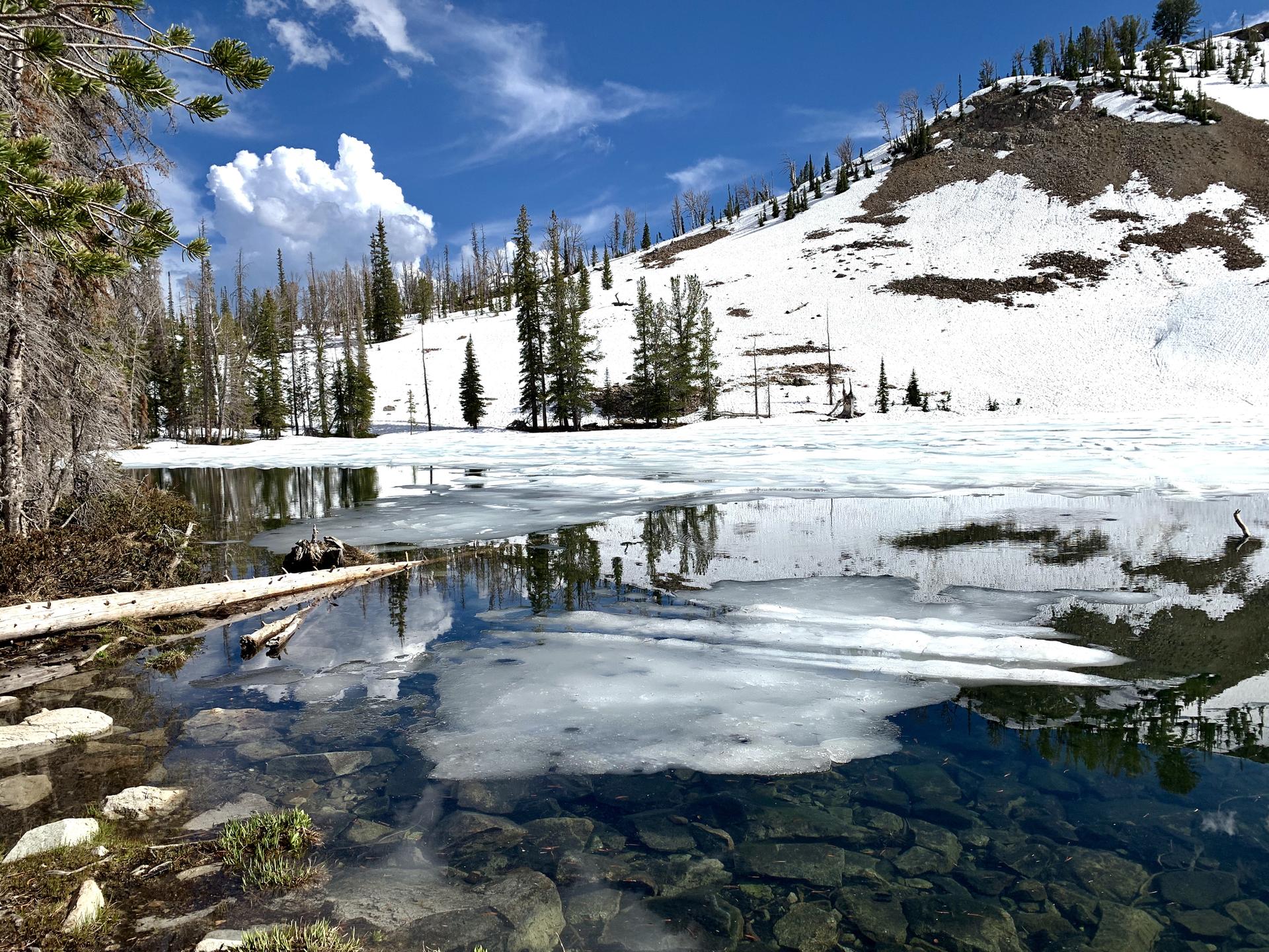 Partially frozen lake with clear water, snow-covered mountain, and blue sky.