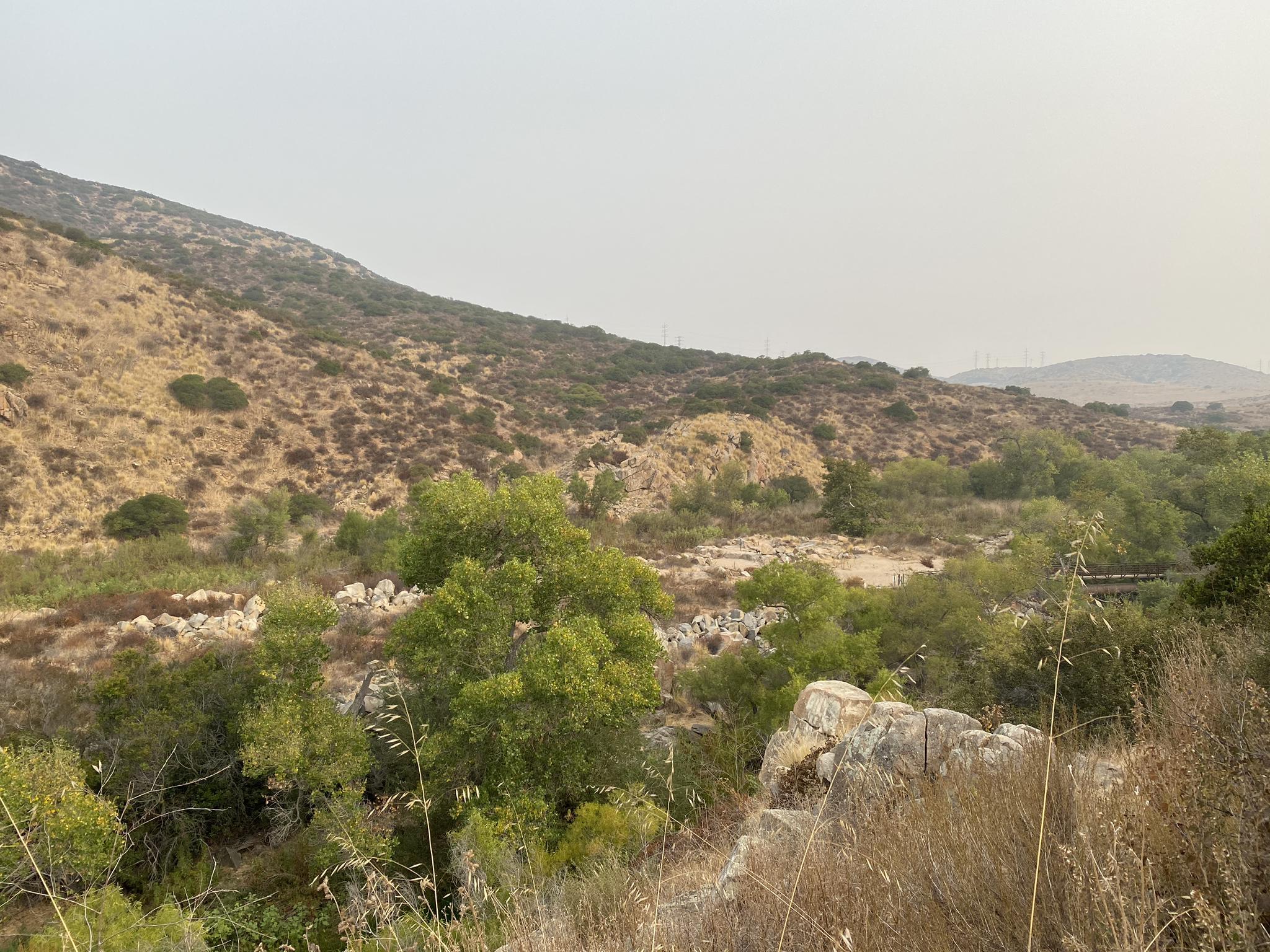 Hilly, dry landscape with green scrub and rocky terrain under an overcast sky.