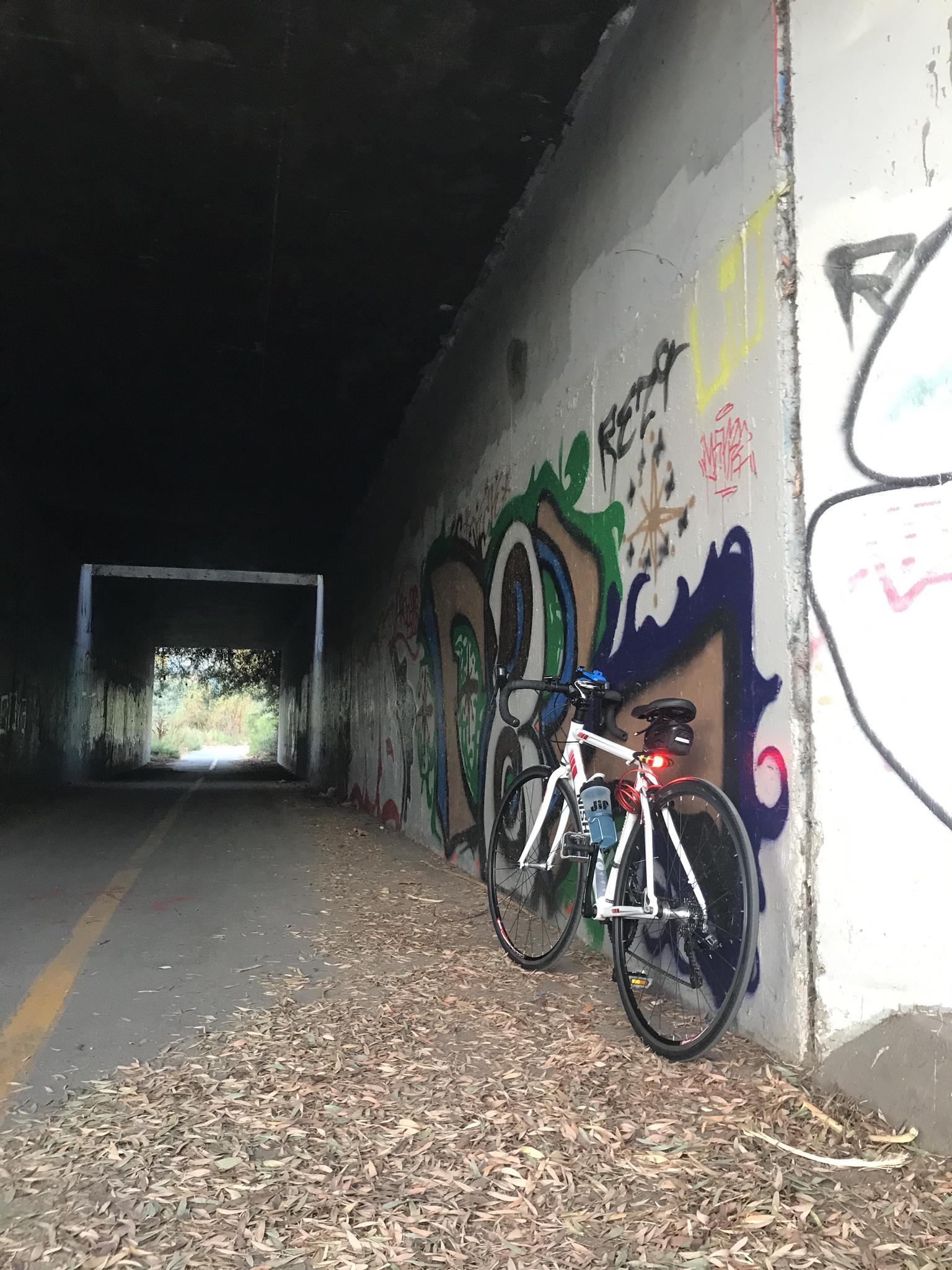 White bicycle leaning against a graffiti-covered wall inside a dark tunnel.