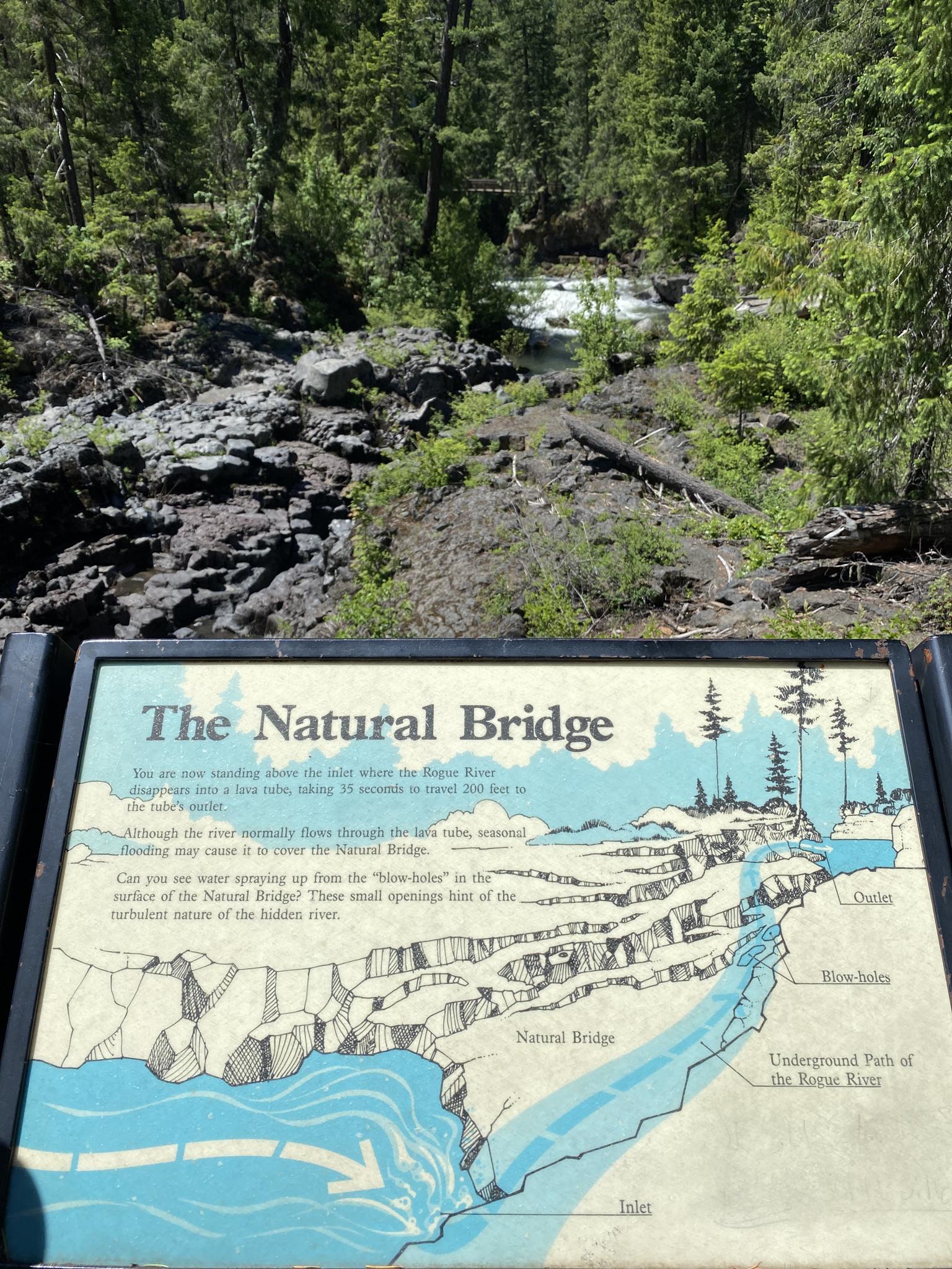 An informational sign about a natural bridge, with a river and forest behind.