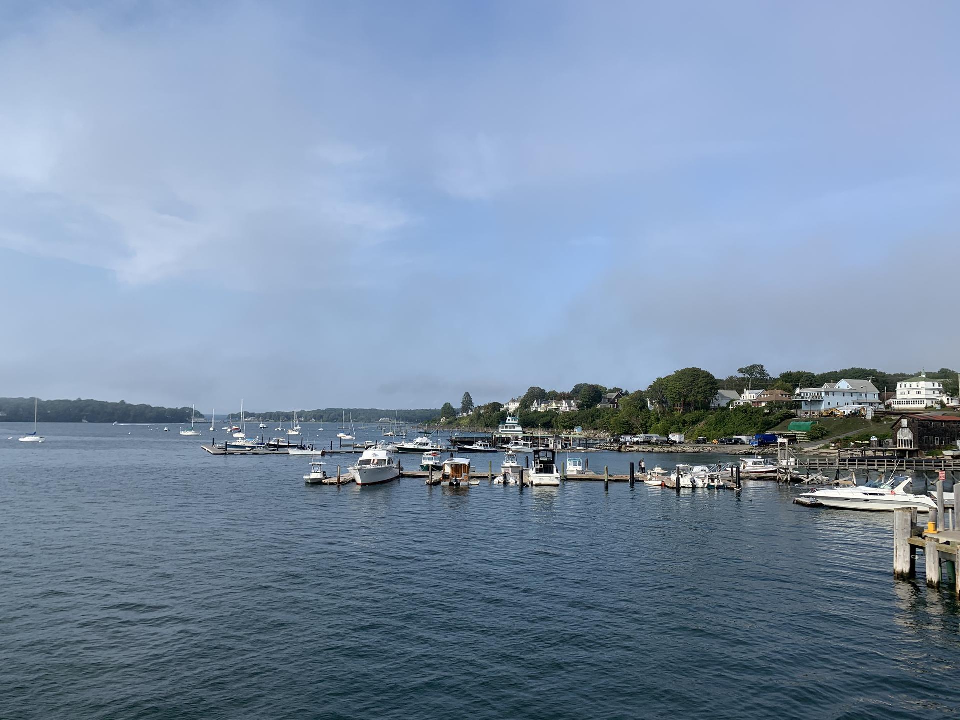 A wide harbor filled with many boats, a marina, and houses under a cloudy sky.