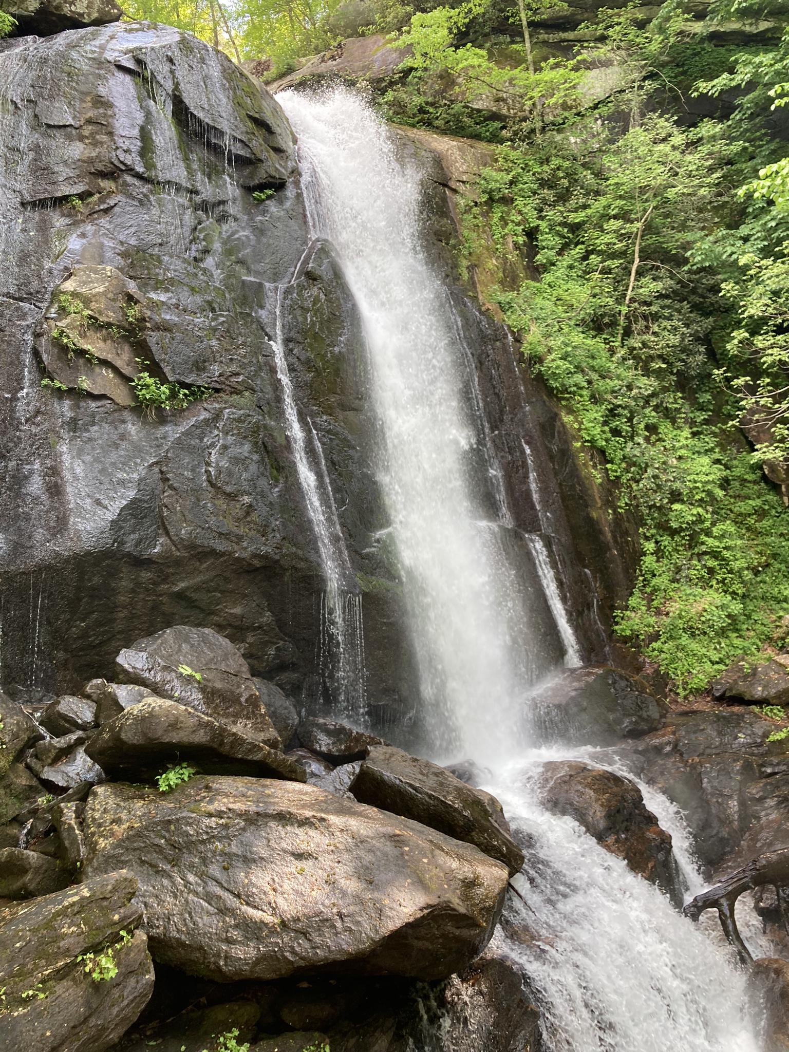 A powerful waterfall cascades down a dark, mossy rock face in a forest.