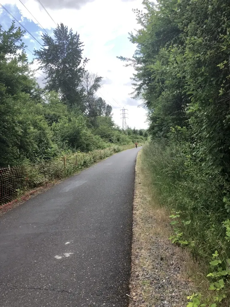 Paved path through dense green trees with a distant walker. - Barlow Wayside County Park from Gresham