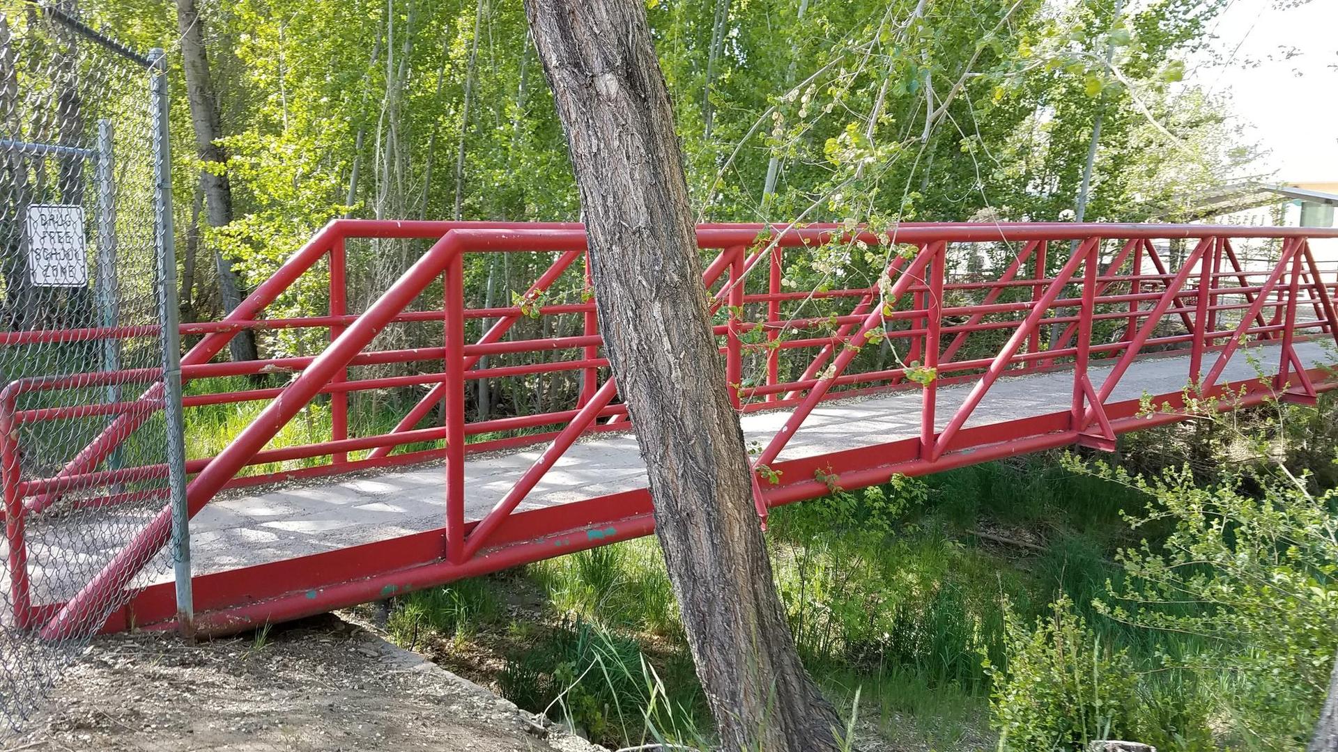 Red pedestrian bridge over a green, overgrown stream on a sunny day.