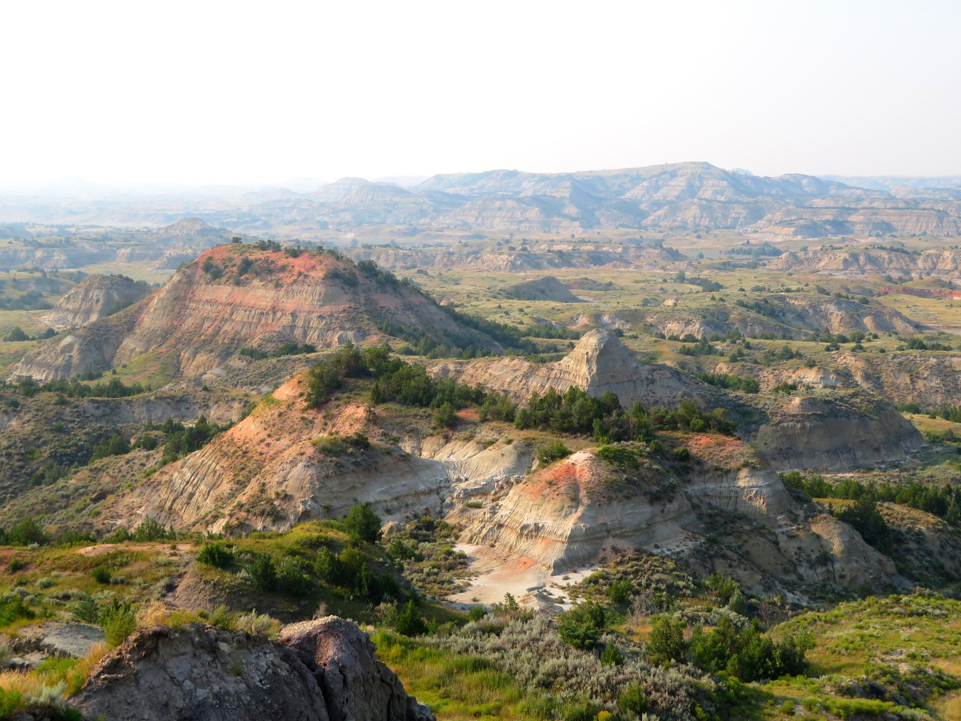 Colorful layered badlands hills with green shrubs under hazy sunlight.