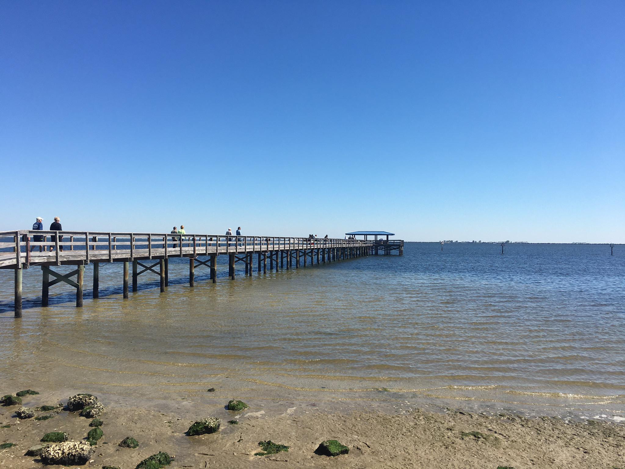 People walk on a long wooden pier over shallow water under a clear sky.