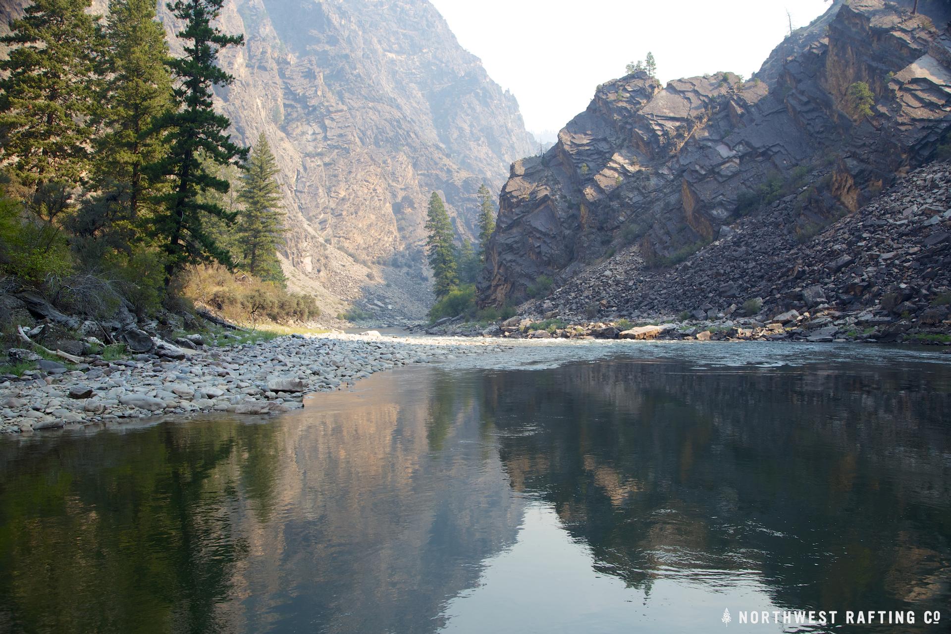 A river flows through a deep, rocky canyon with evergreen trees under bright light.