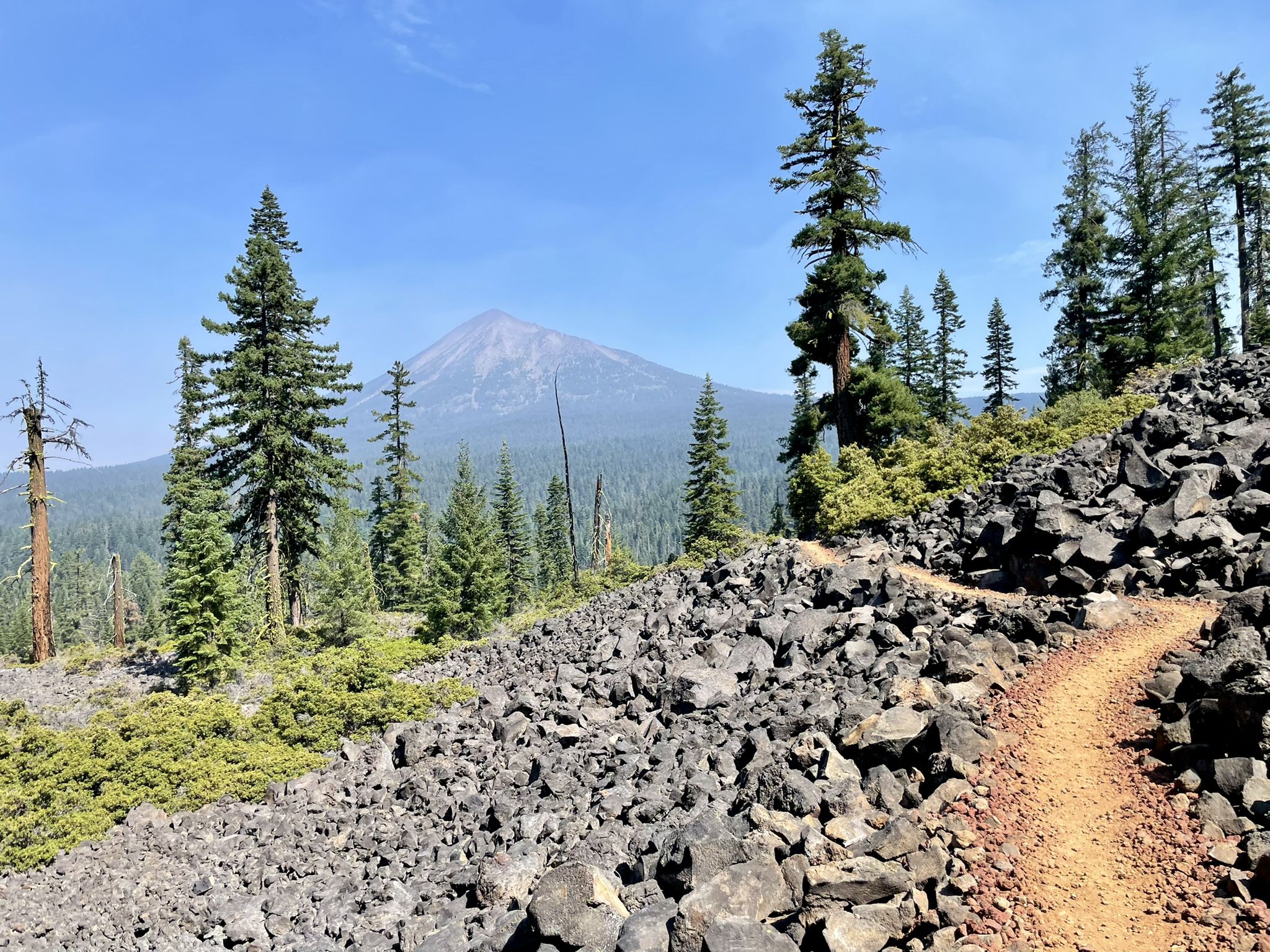A dirt path curves through a rocky, forested area with a distant mountain. - Brown Mountain Trail