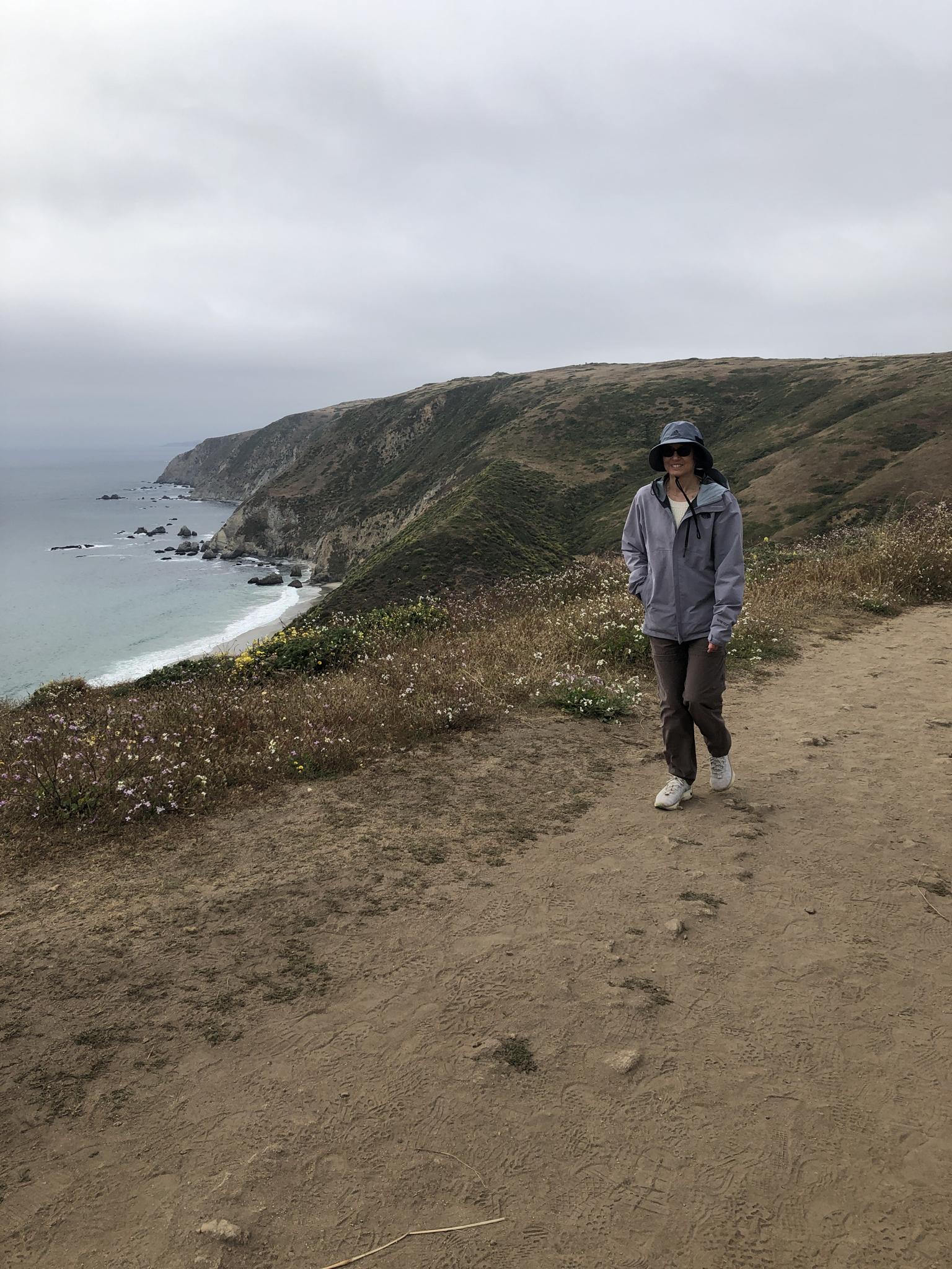 A person walks on a dirt trail along a cliff overlooking a calm ocean and beach.