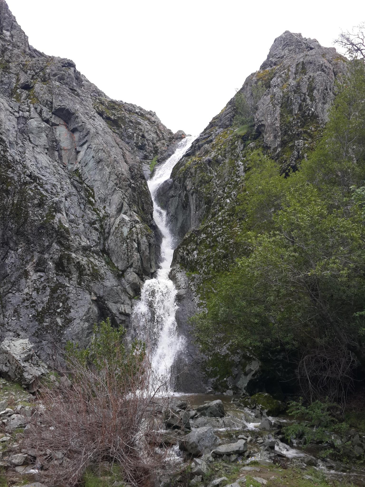 Waterfall cascading down a rocky gorge with green foliage on an overcast day.