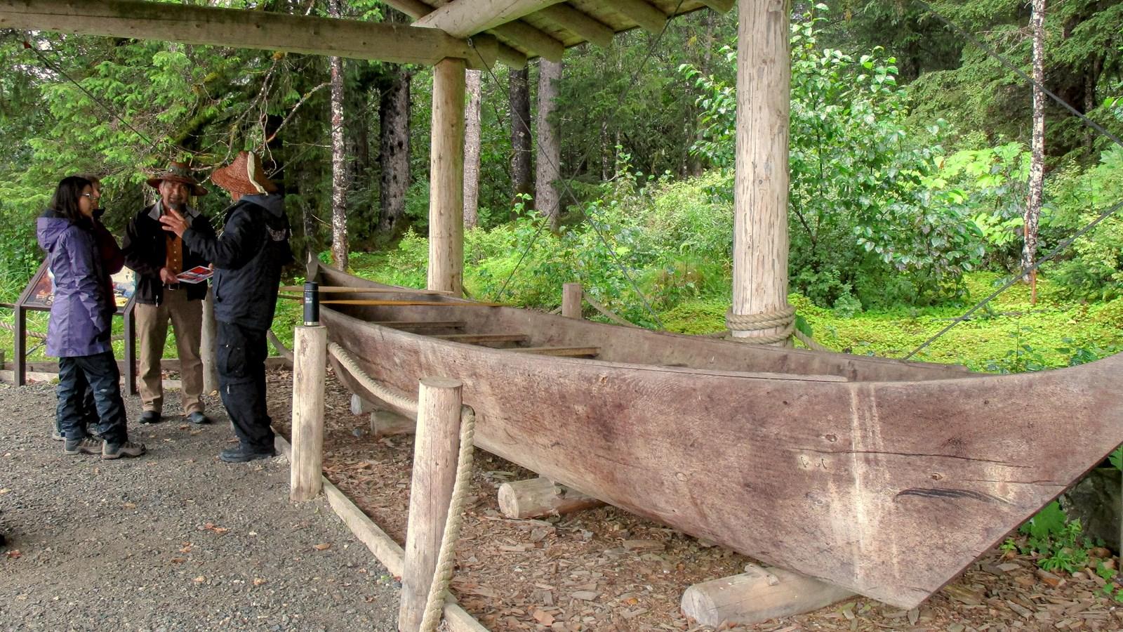 People viewing a large carved wooden canoe under a shelter in a forest.