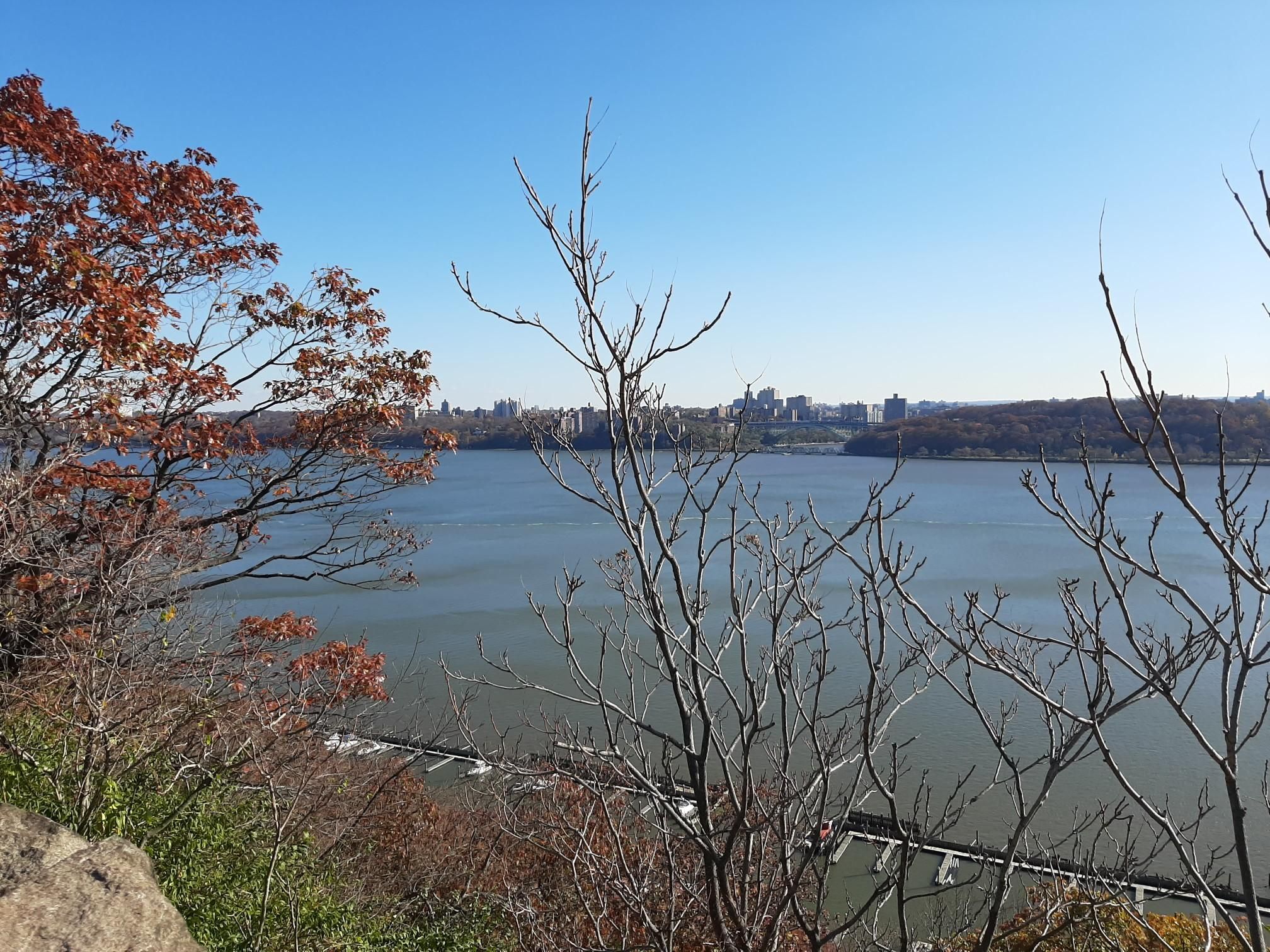 Wide river view with distant city, framed by autumn trees on a clear day. - Long Path