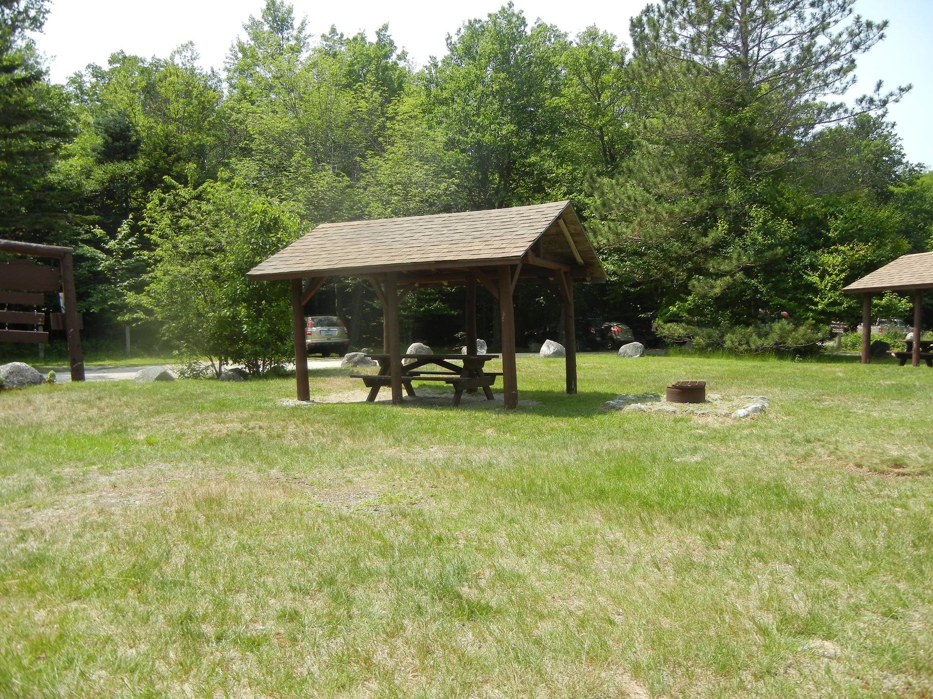 A wooden picnic shelter with a table in a sunny grassy field.