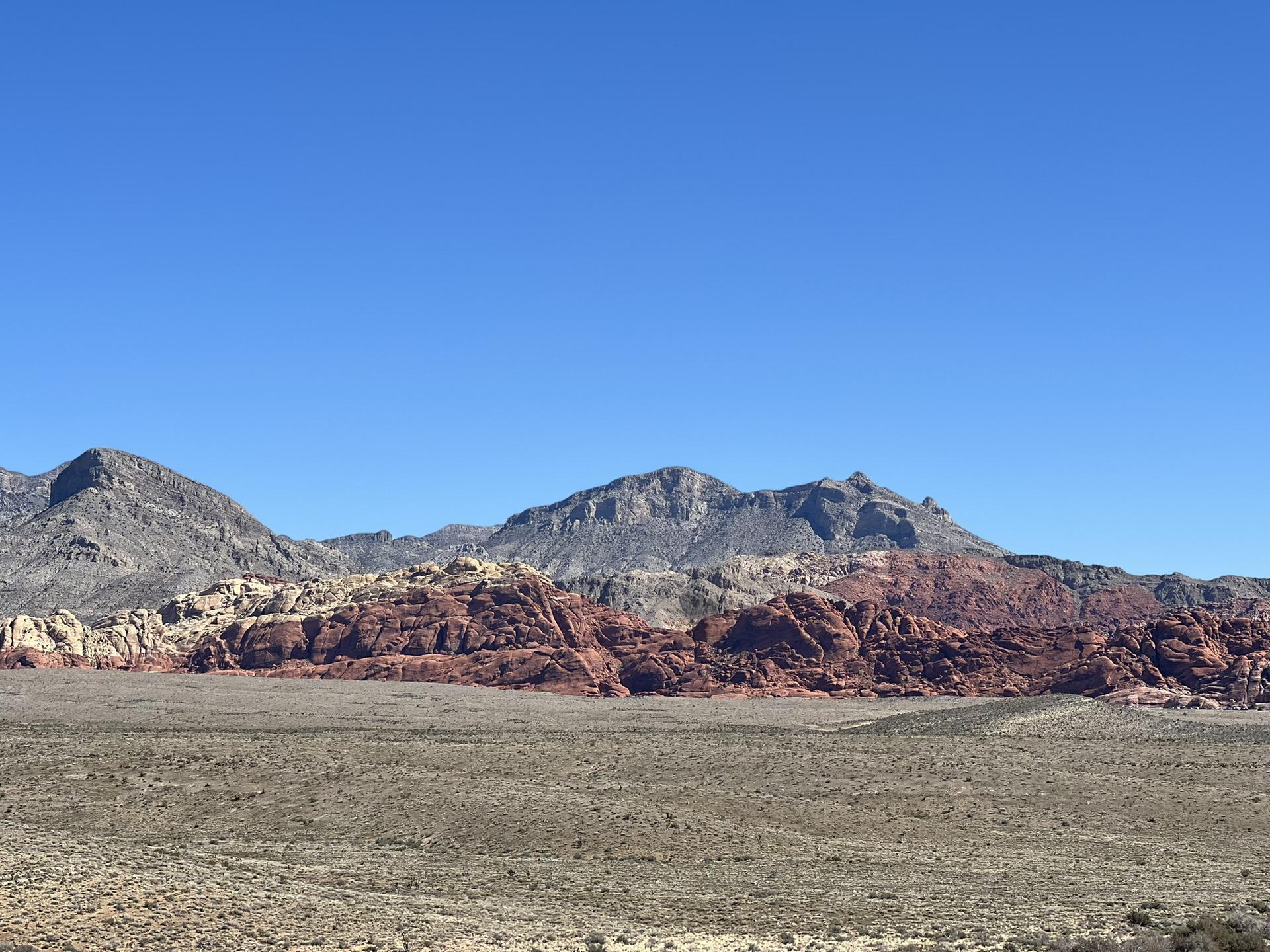 Vast desert landscape with distant mountains under a clear blue sky.