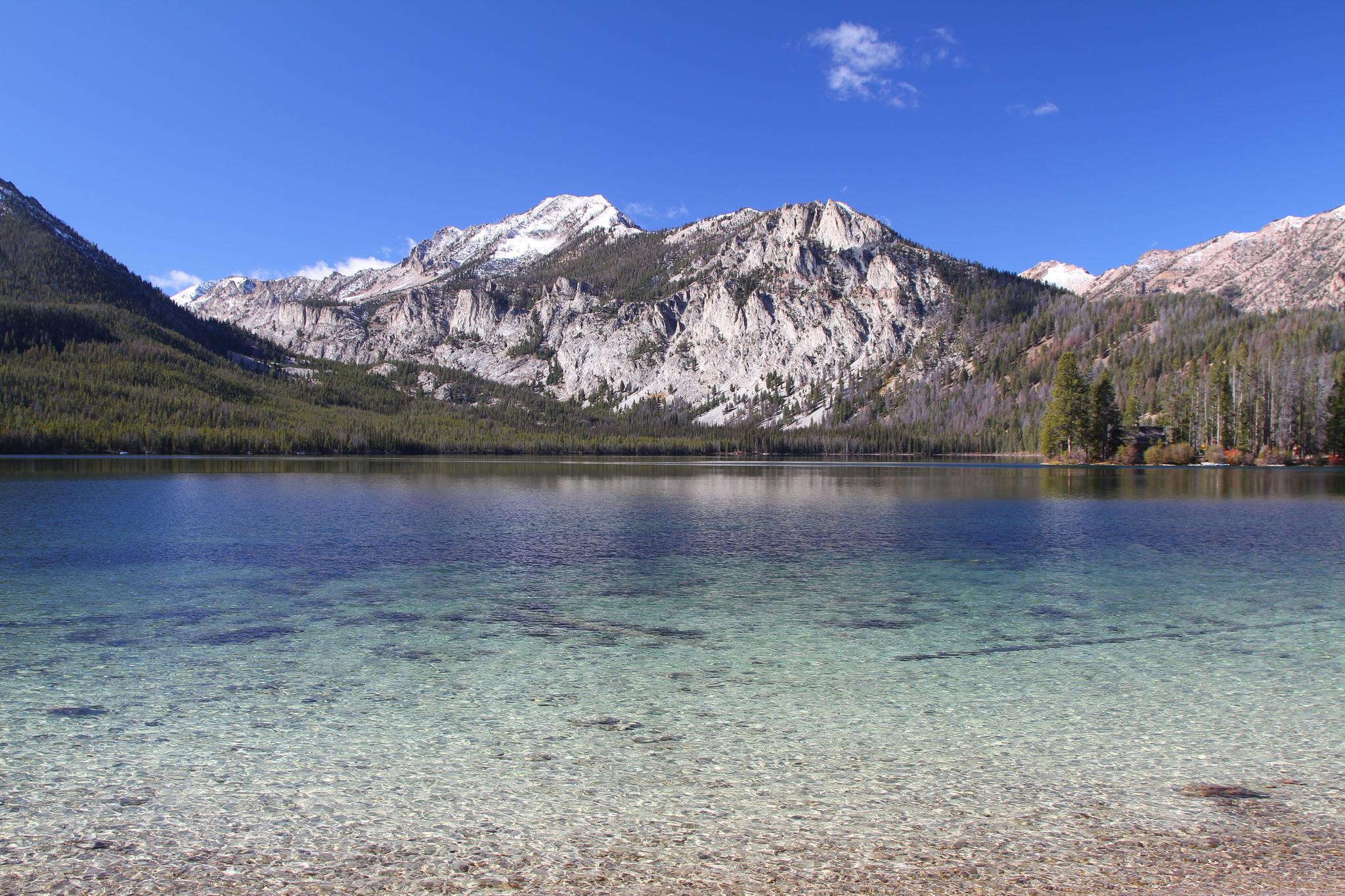 Clear lake with rocky shore, reflecting a large snow-capped mountain and trees.