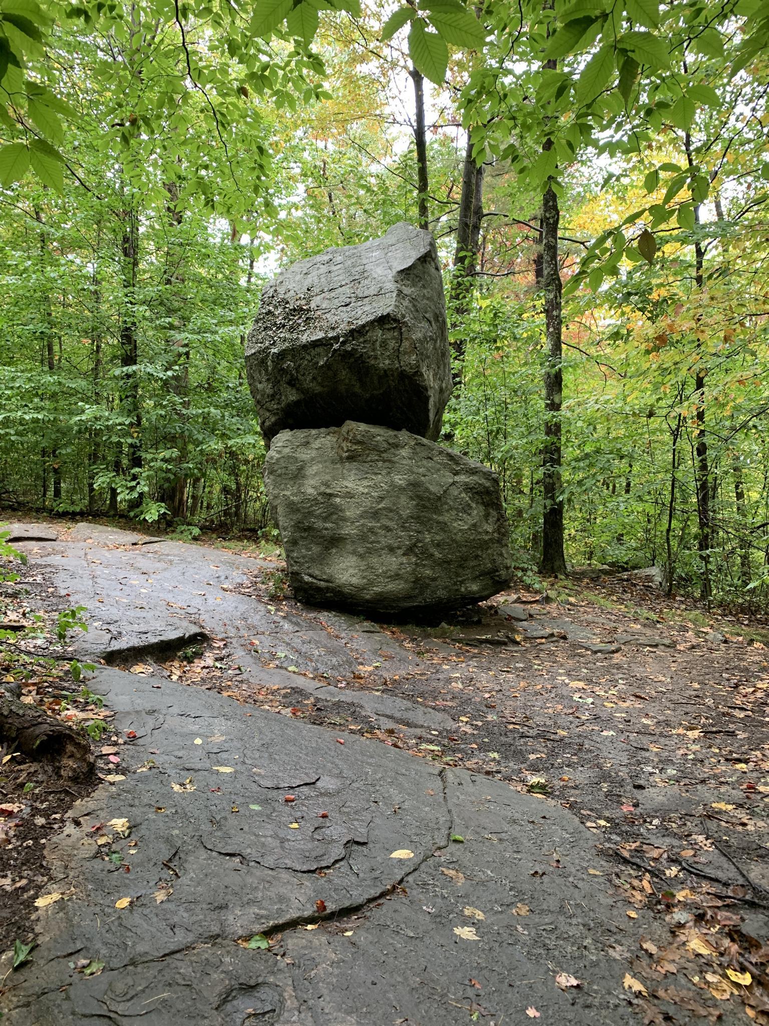 Two large boulders stacked on a wet forest path under soft light.