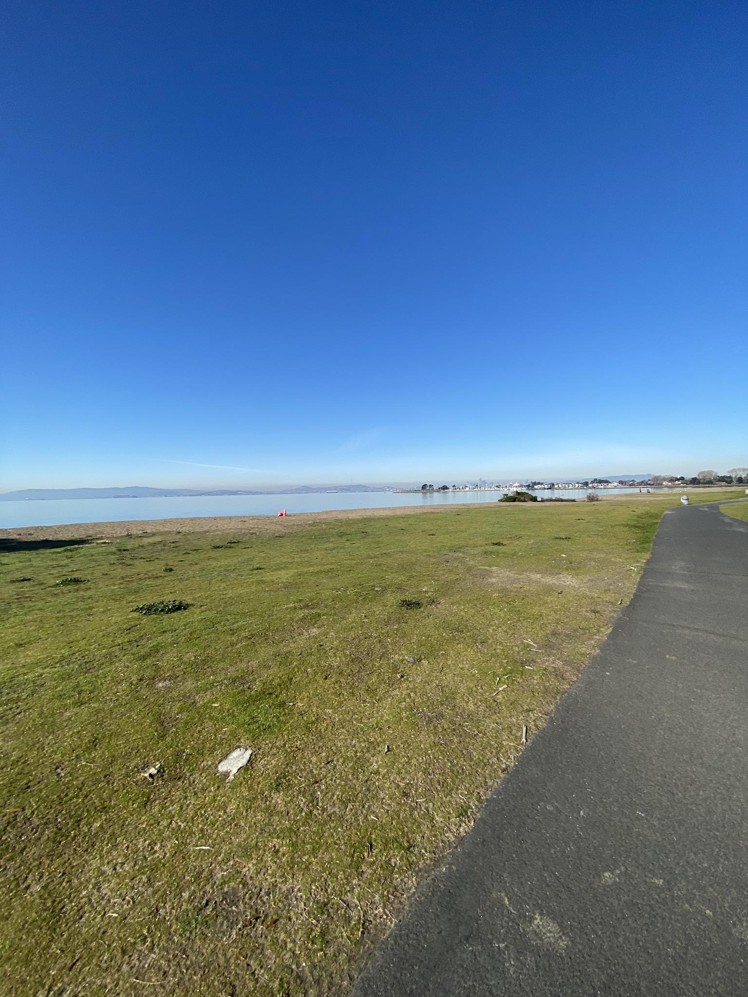 Clear blue sky over a calm bay, green field, and paved walkway on a bright day.